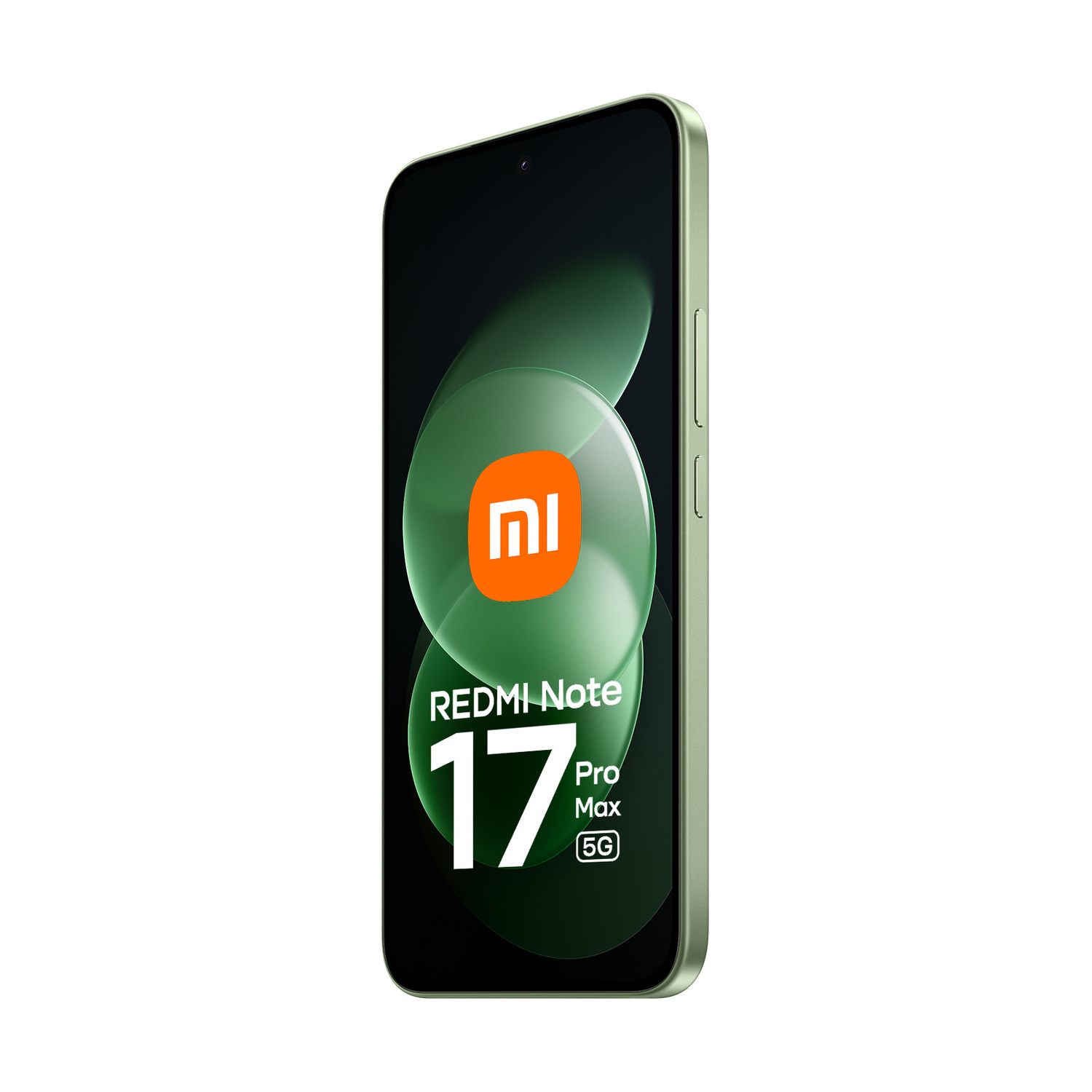 Smartphone verde Redmi Note 17 Pro Max 5G con logo Xiaomi e testo sullo schermo.