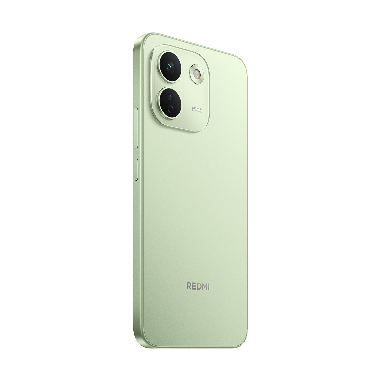 Retro di uno smartphone Redmi verde chiaro con due obiettivi e logo.
