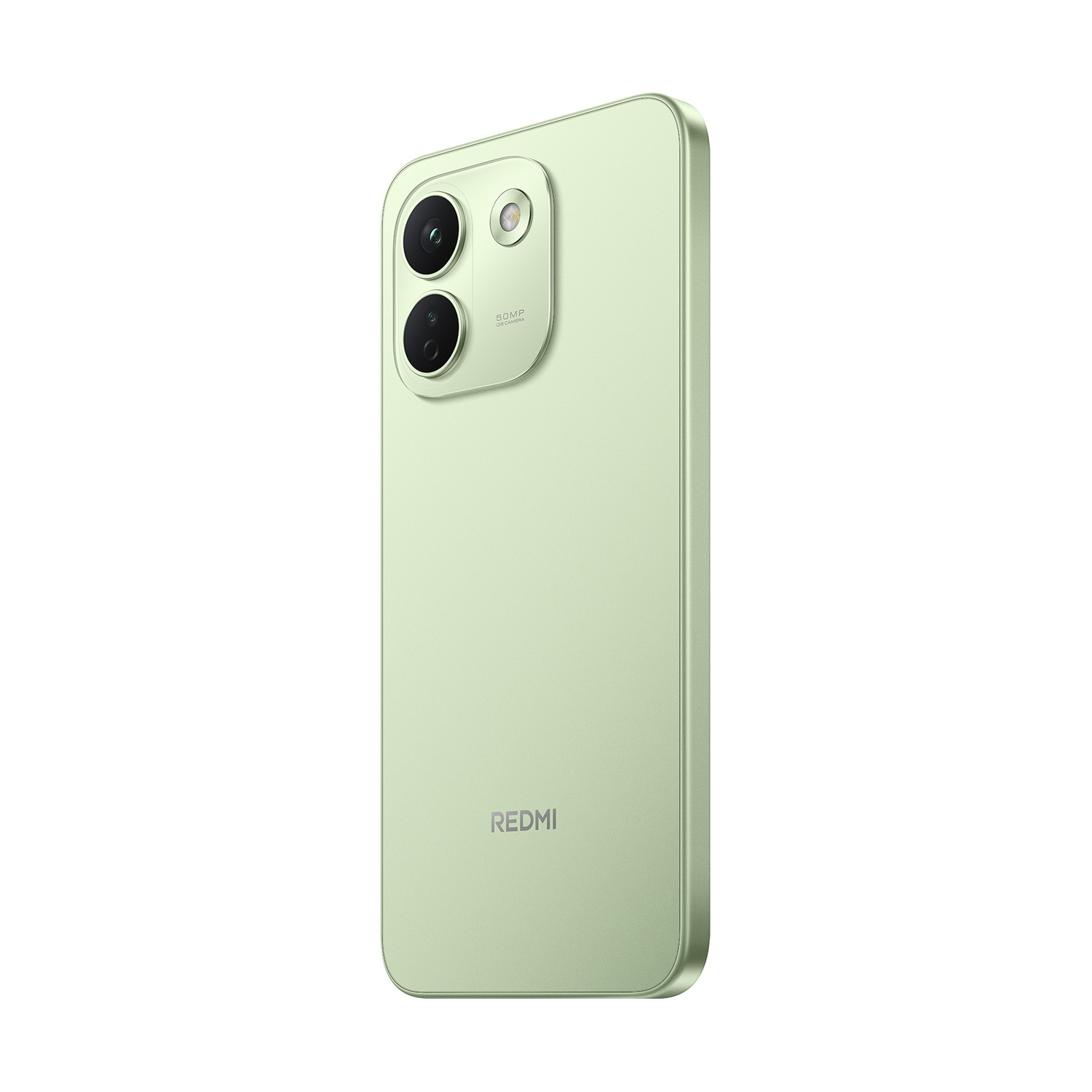 Uno smartphone verde chiaro con un modulo a doppia fotocamera sul retro e il logo Redmi.