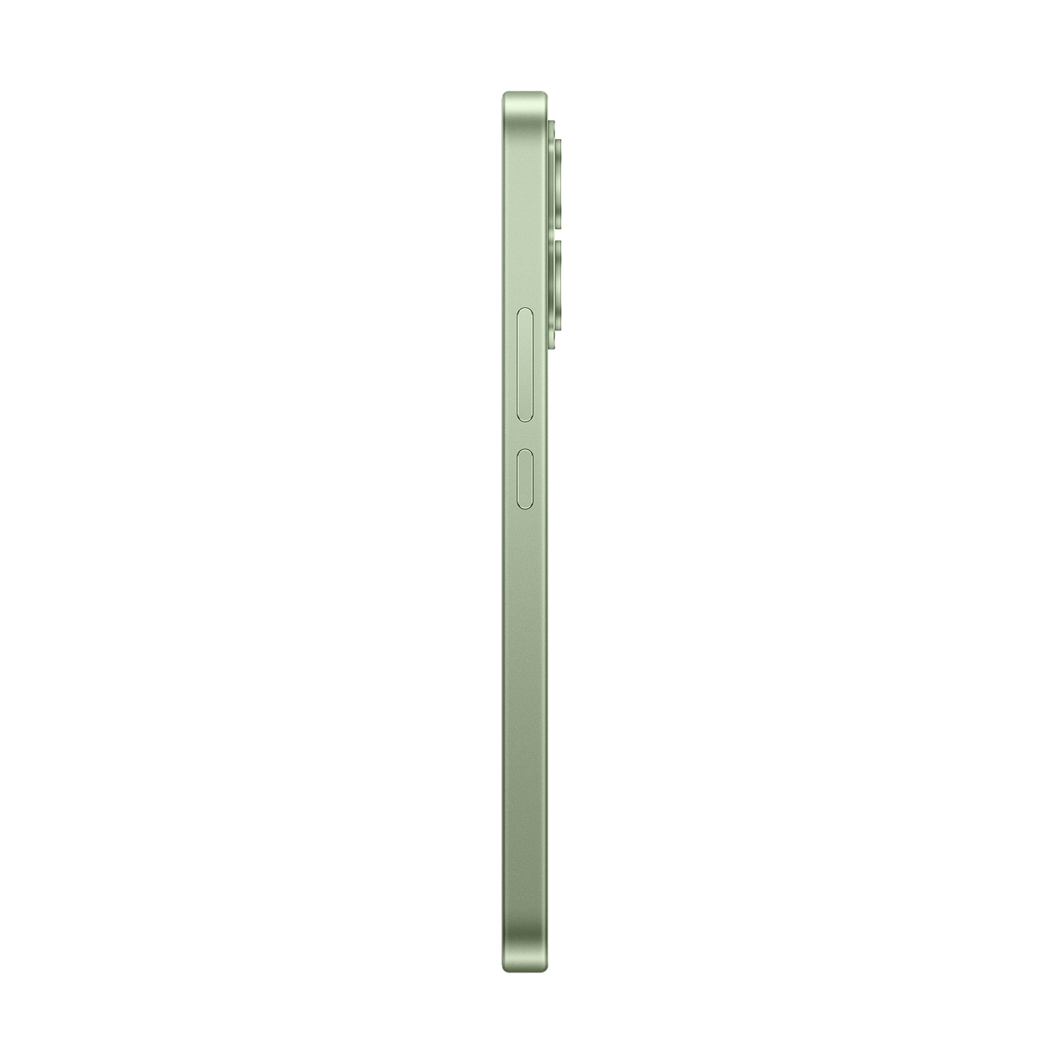 Vista laterale di uno smartphone verde chiaro con tasti e cornice della fotocamera su sfondo bianco.