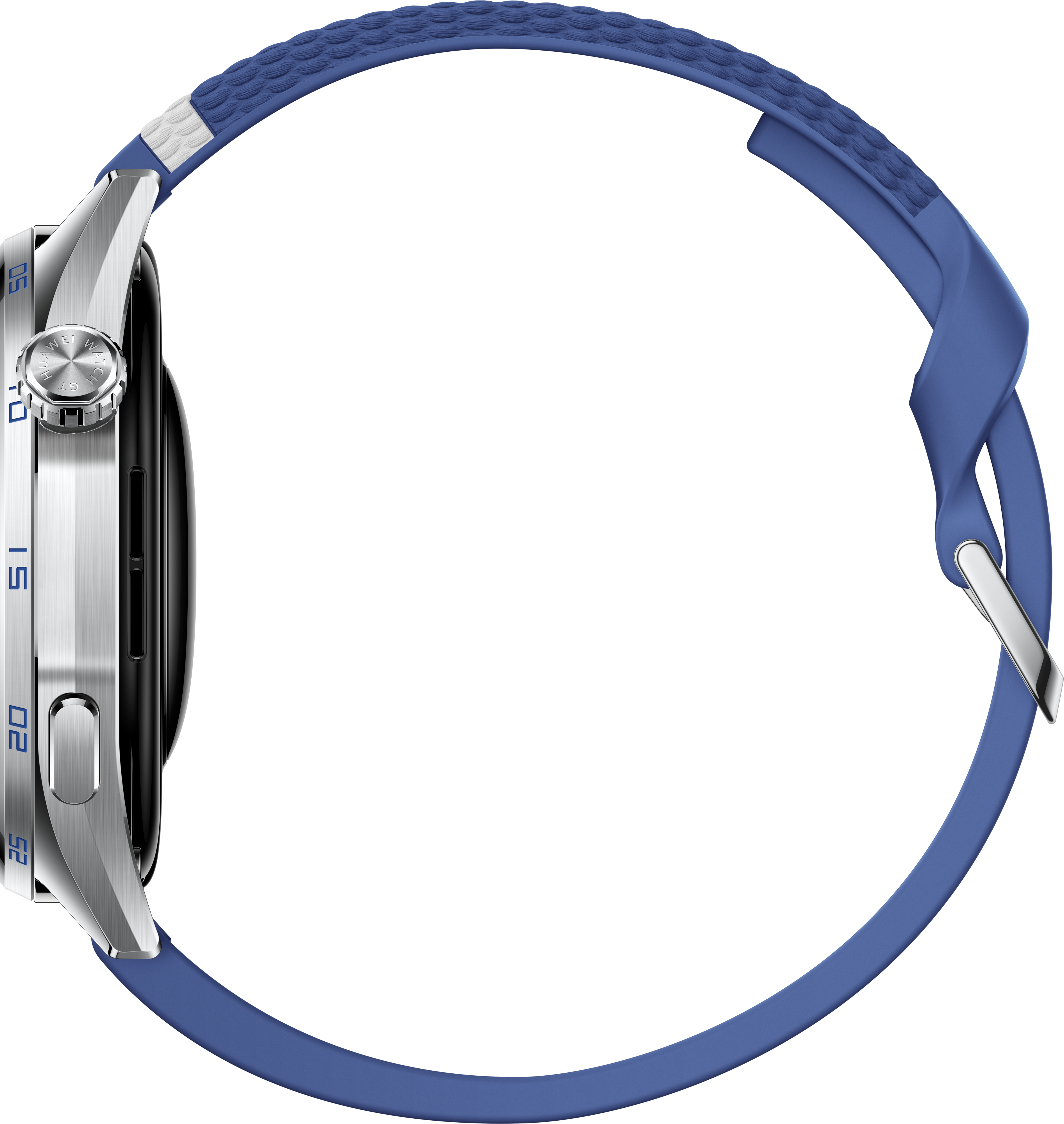 Une montre connectée argentée avec un bracelet en caoutchouc bleu texturé vue de profil sur fond noir.