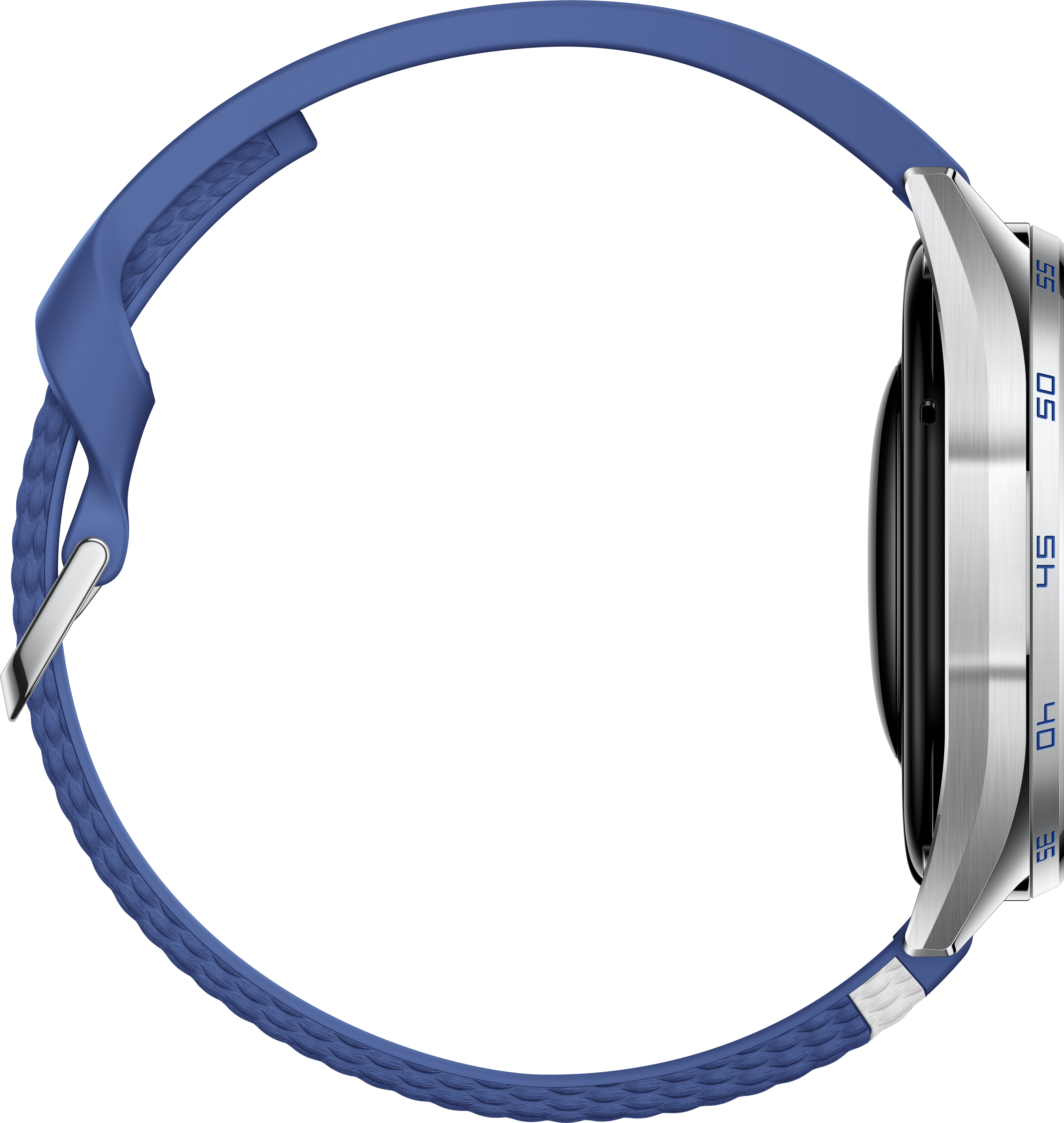 Une montre connectée avec boîtier argenté et bracelet bleu sur fond noir.