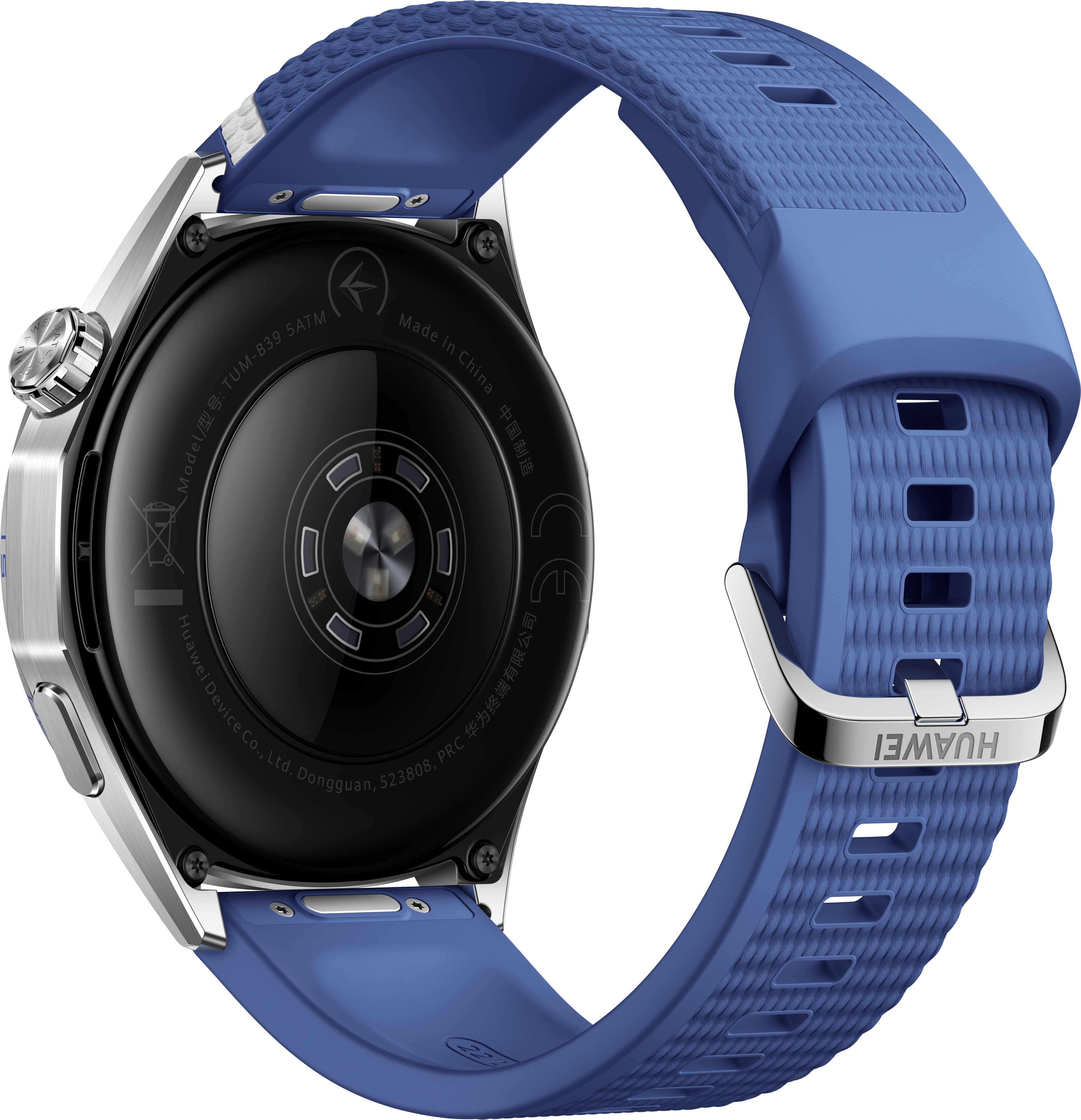 Vue arrière d'une montre intelligente argentée avec un bracelet en silicone bleu.