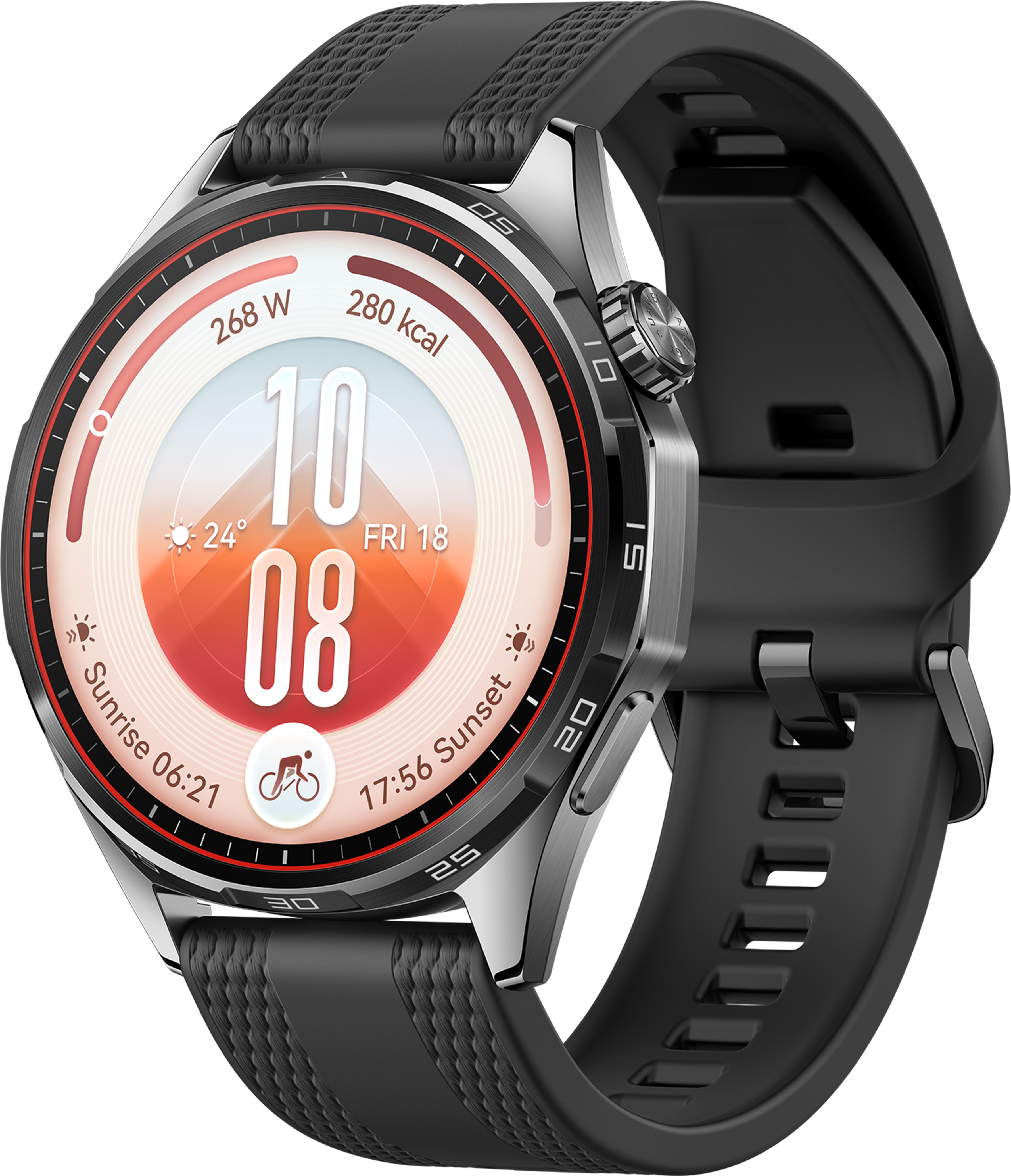Une montre connectée sport noire avec boîtier en métal et cadran rouge sur fond noir.