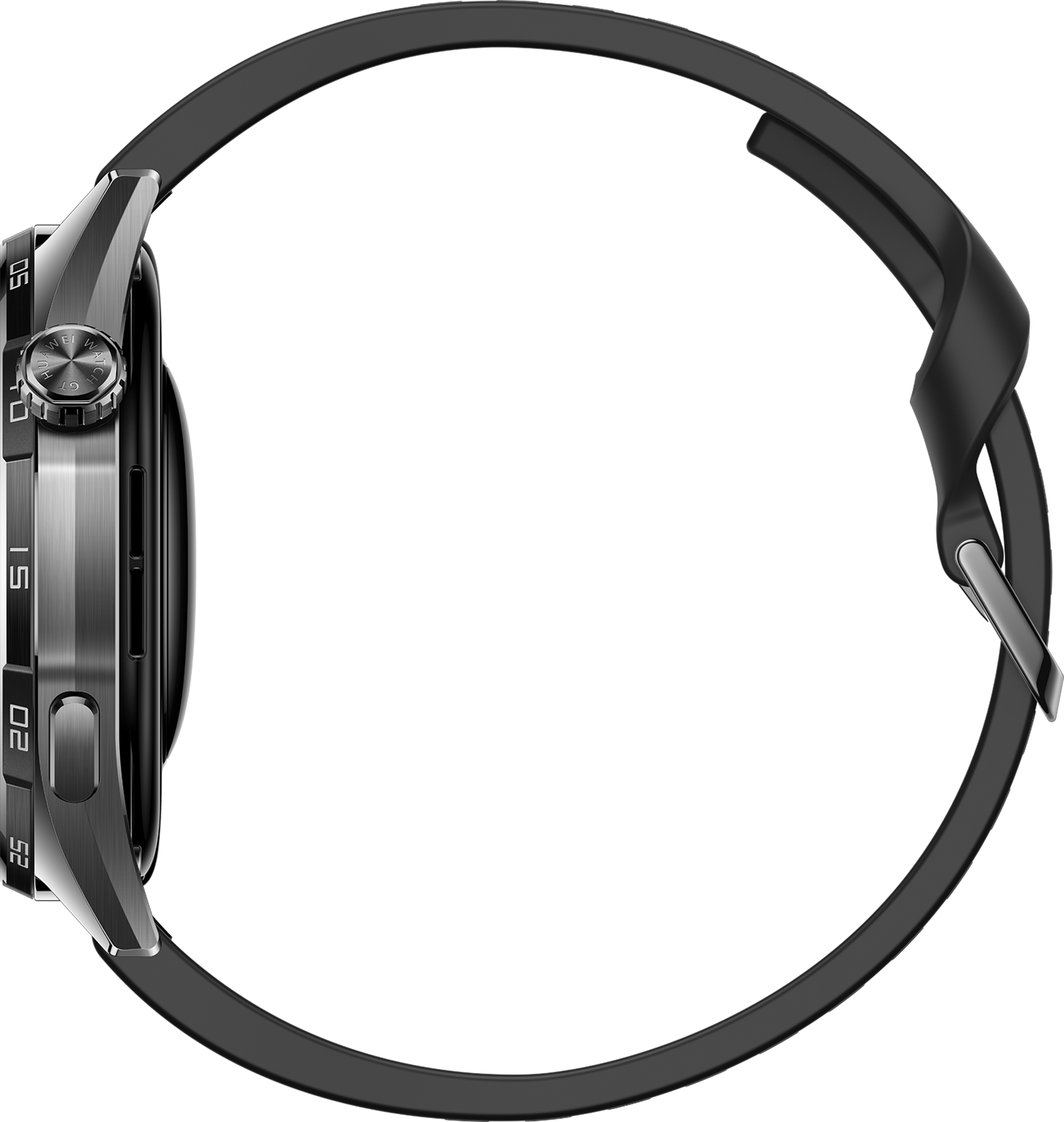 Vue latérale d'une montre connectée noire avec un boîtier métallique et un bracelet en silicone noir sur fond sombre.