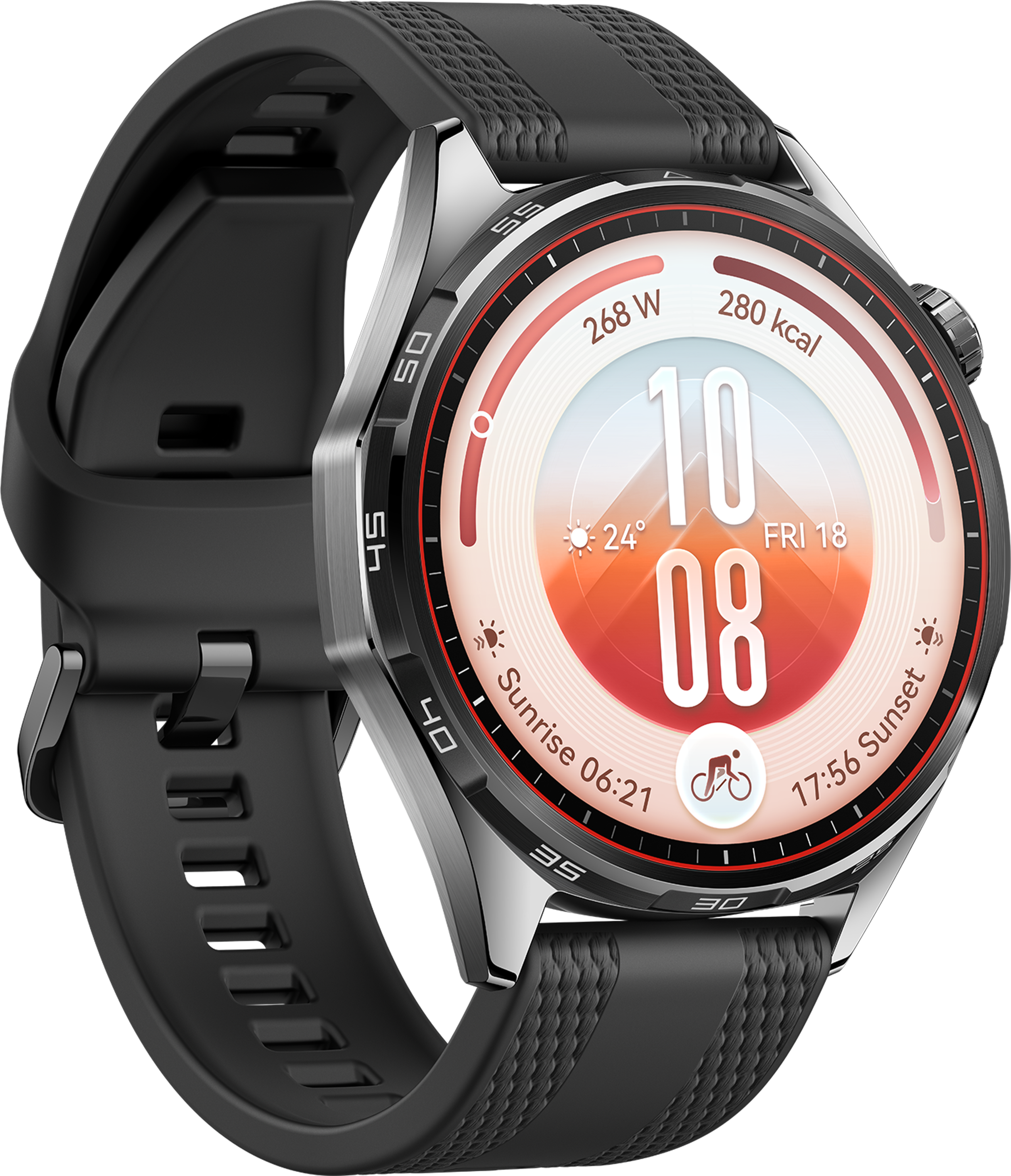 Une montre connectée noire avec lunette métallique et écran affichant l'heure, les calories et une icône de vélo.