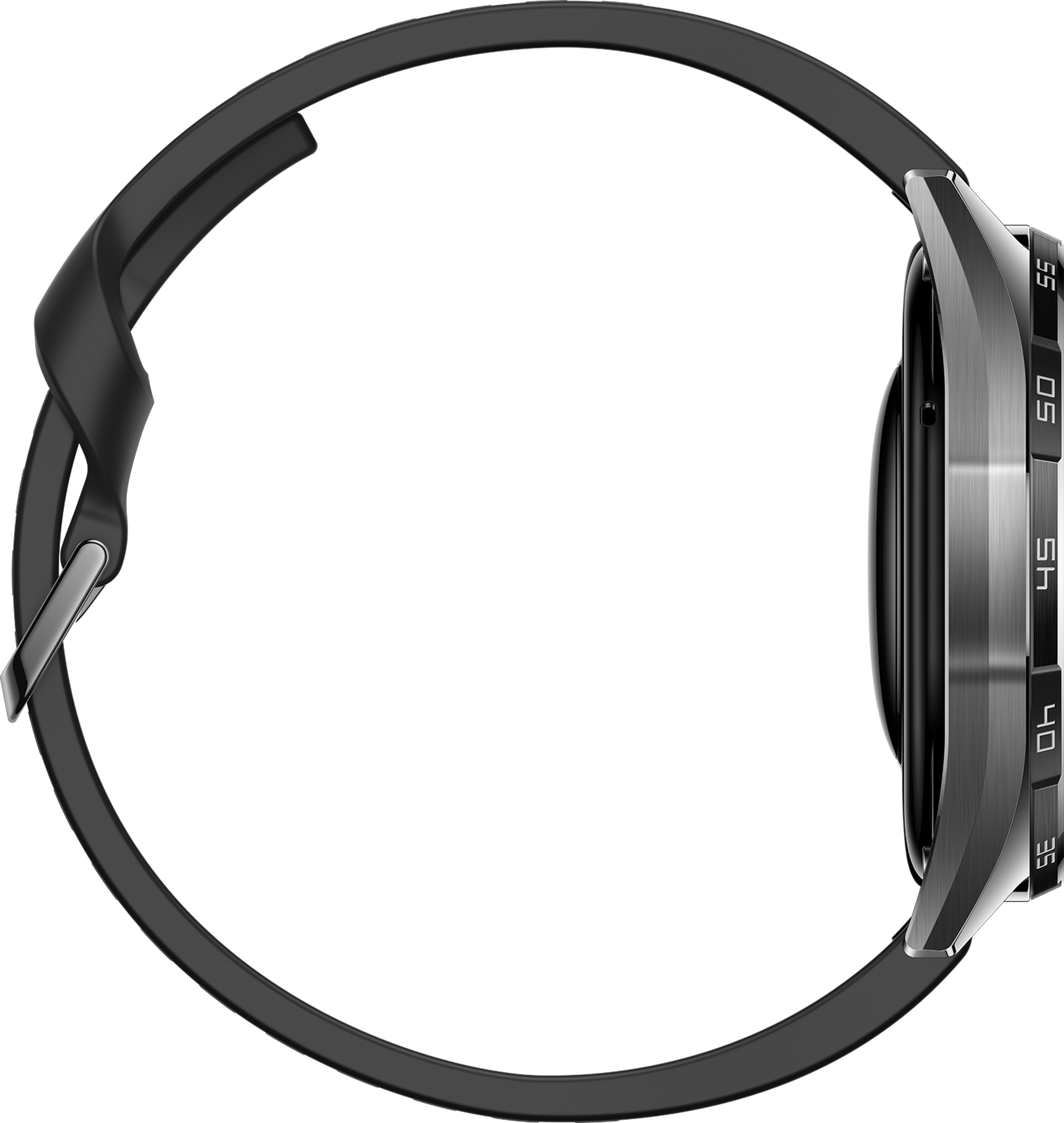Vue de profil d'une montre connectée argentée avec un bracelet noir sur fond noir.
