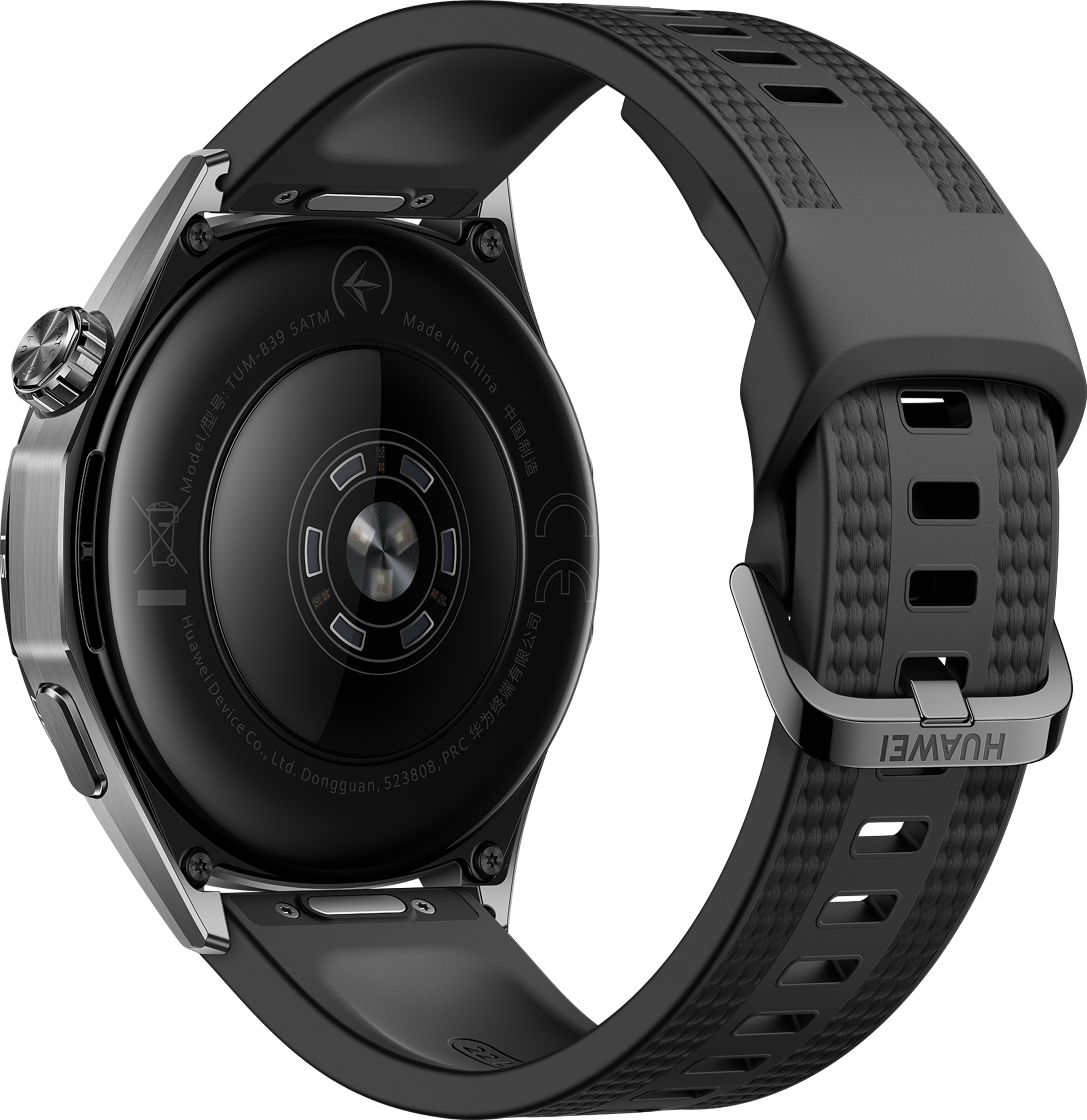 Dos d'une montre connectée noire avec capteurs, boîtier argenté et bracelet en silicone texturé sur fond noir.