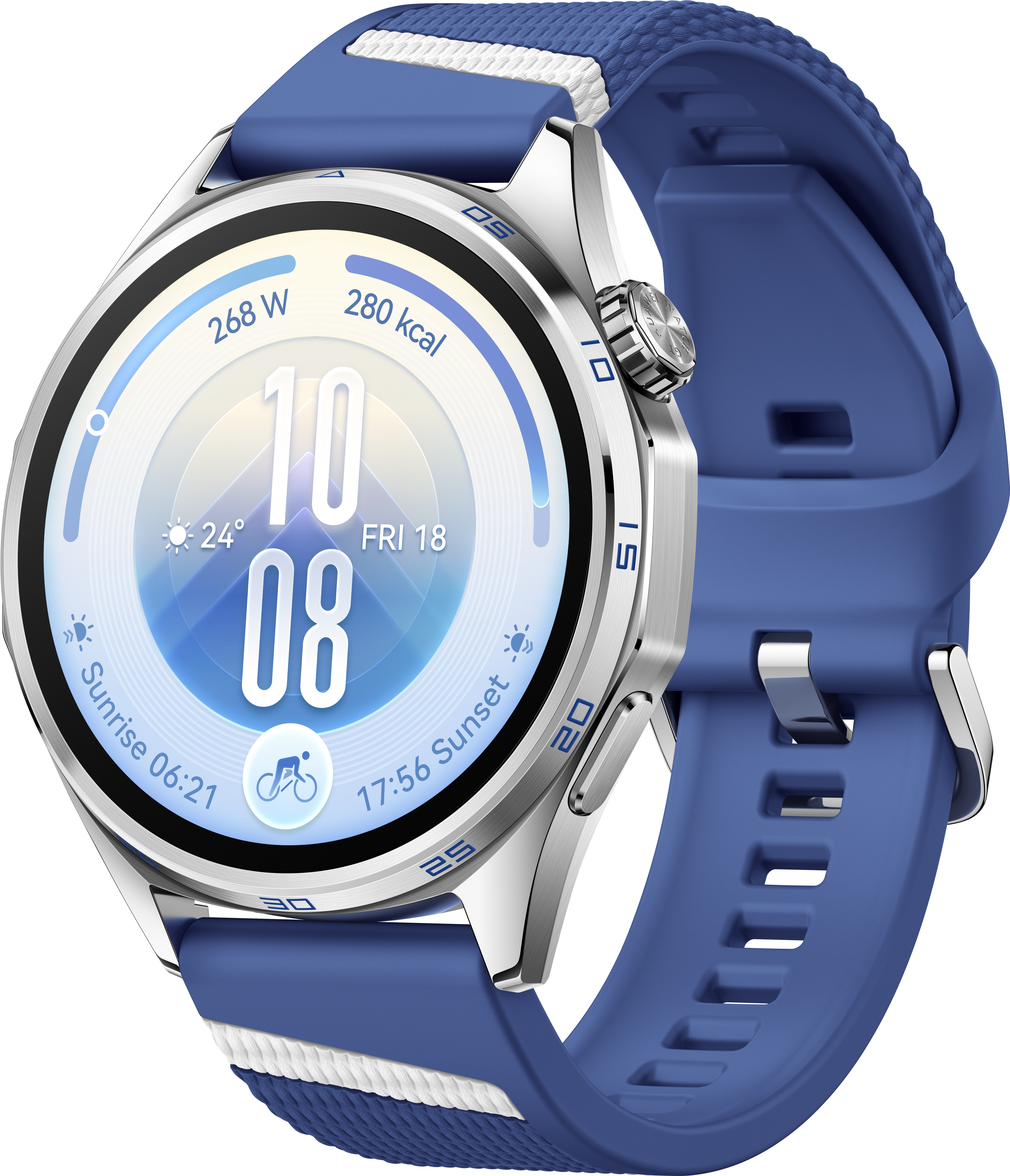 Une montre connectée élégante avec un boîtier argenté, un bracelet en silicone bleu et un cadran numérique.