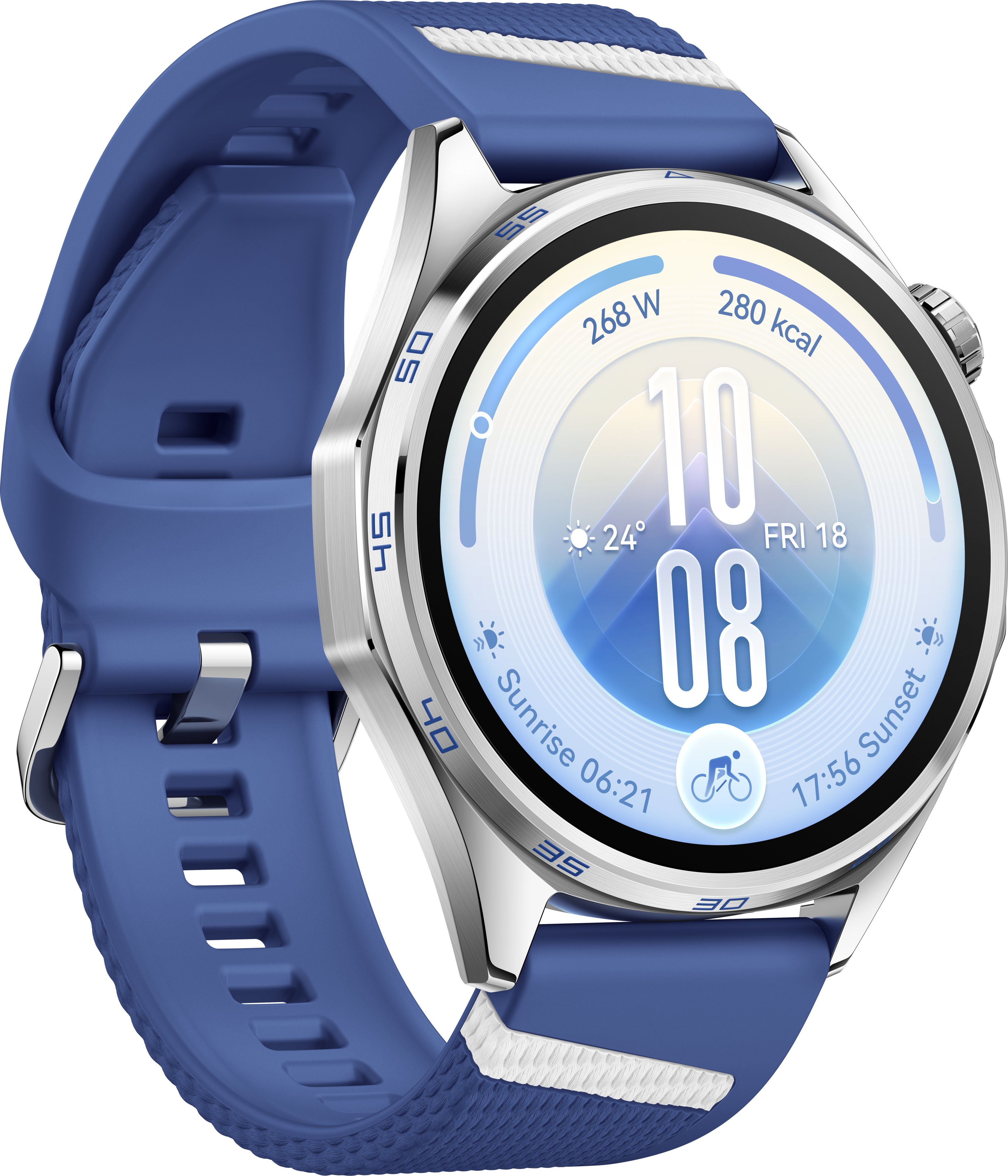 Une montre connectée argentée avec un bracelet en silicone bleu affiche des données de fitness et météo.