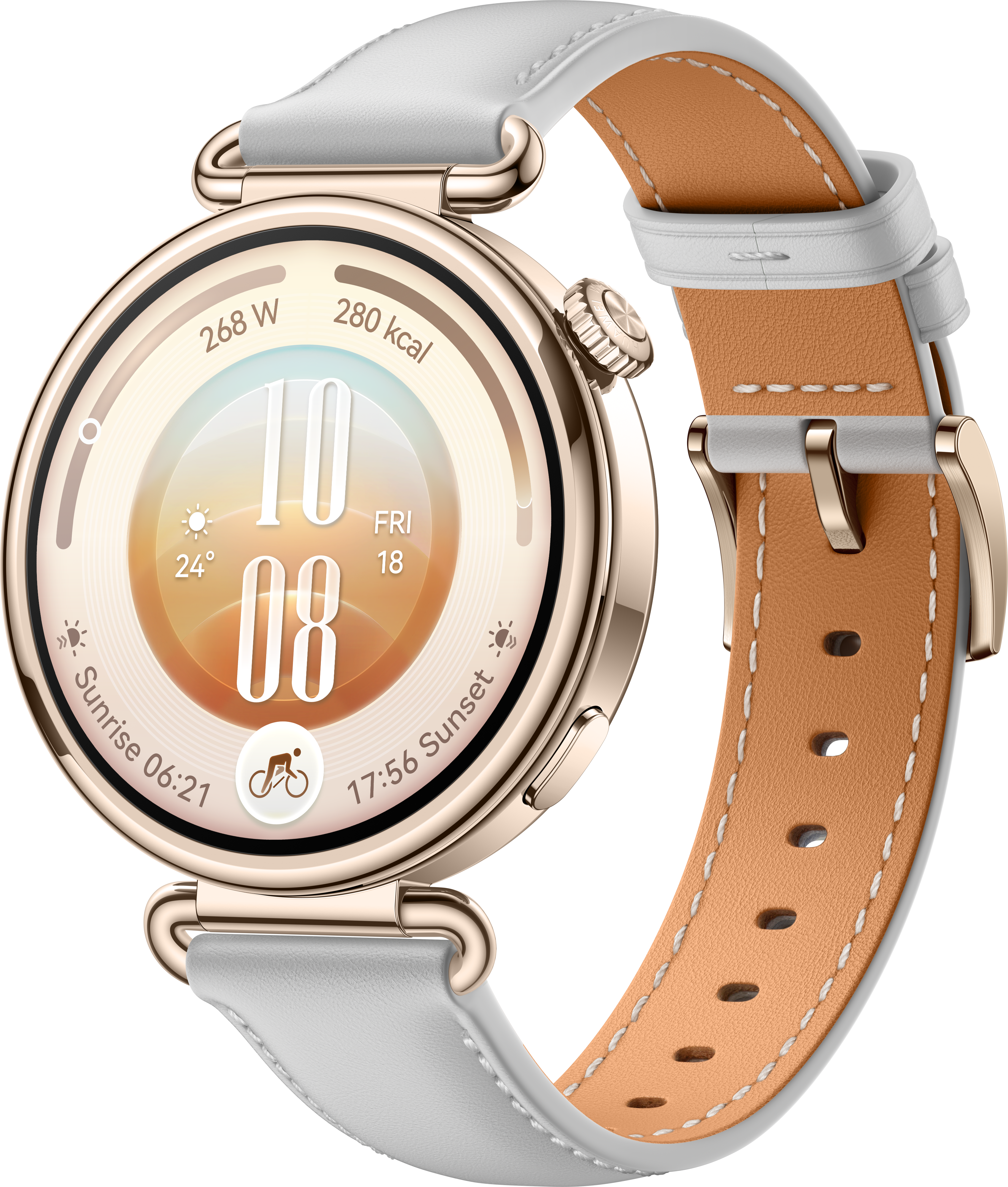 Une montre connectée en or rose avec un bracelet en cuir blanc et un affichage numérique.