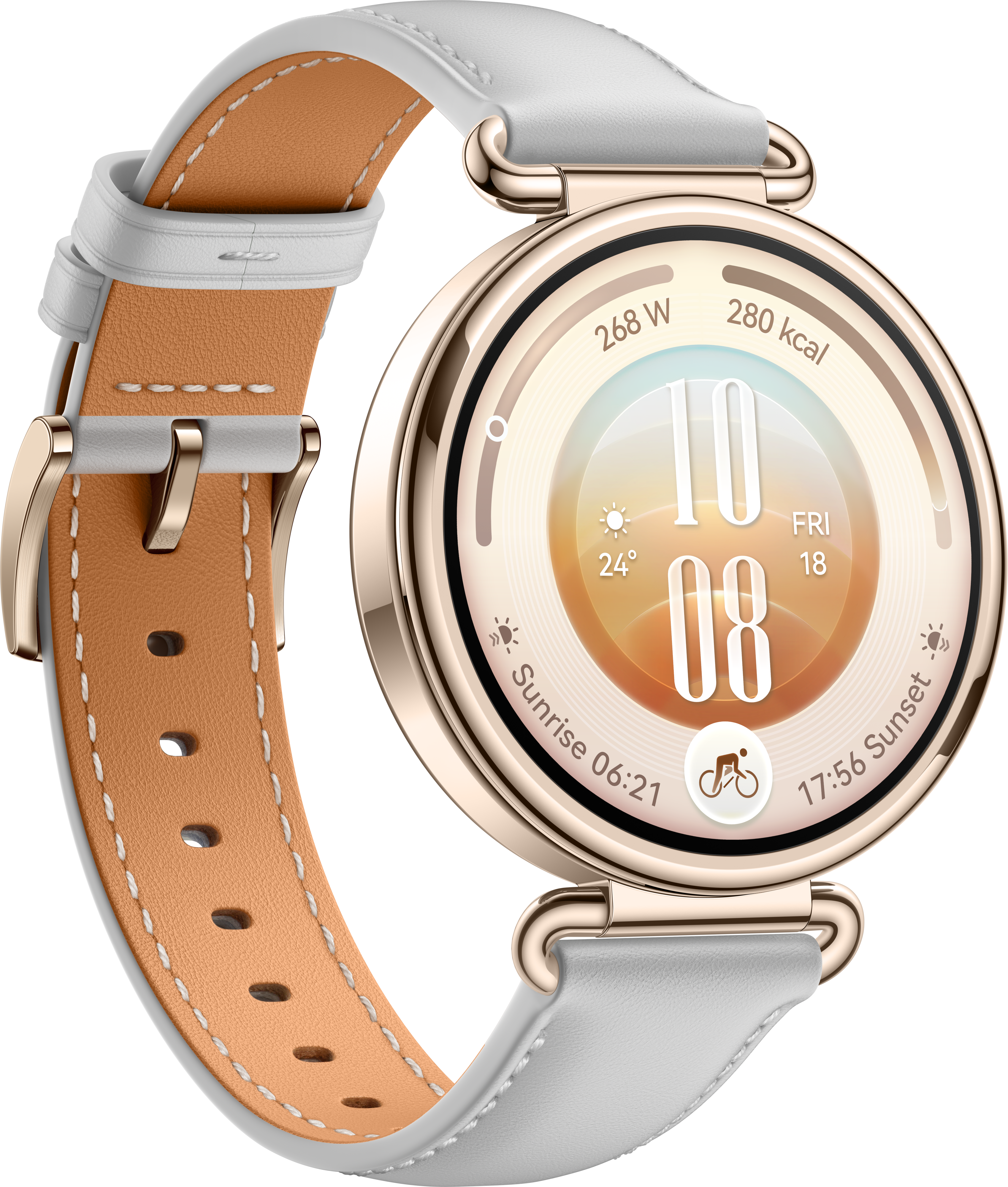 Une montre connectée avec un boîtier rond doré et un bracelet en cuir blanc et marron sur fond noir.