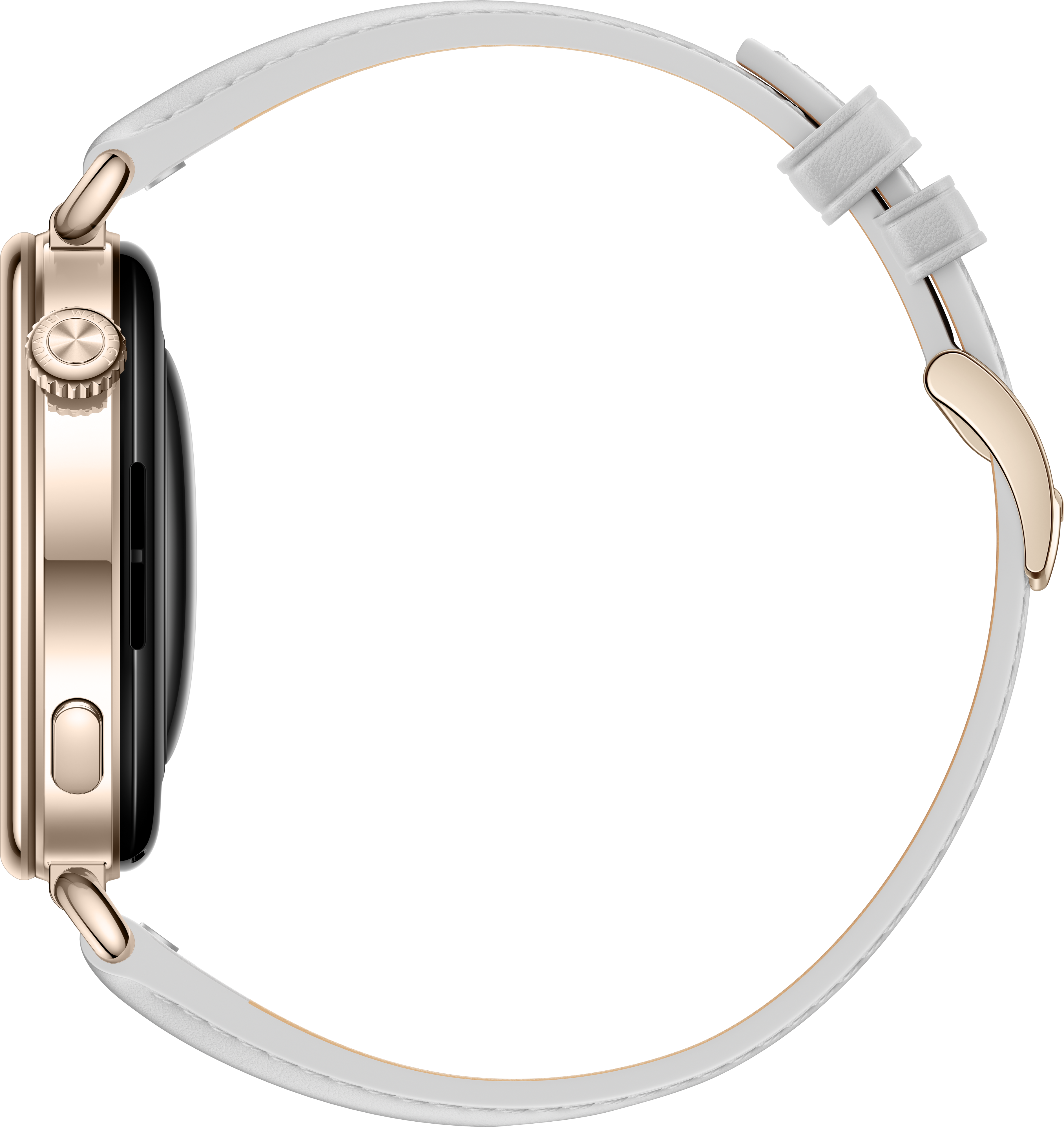 Une montre connectée or rose avec un bracelet en cuir blanc sur fond noir.
