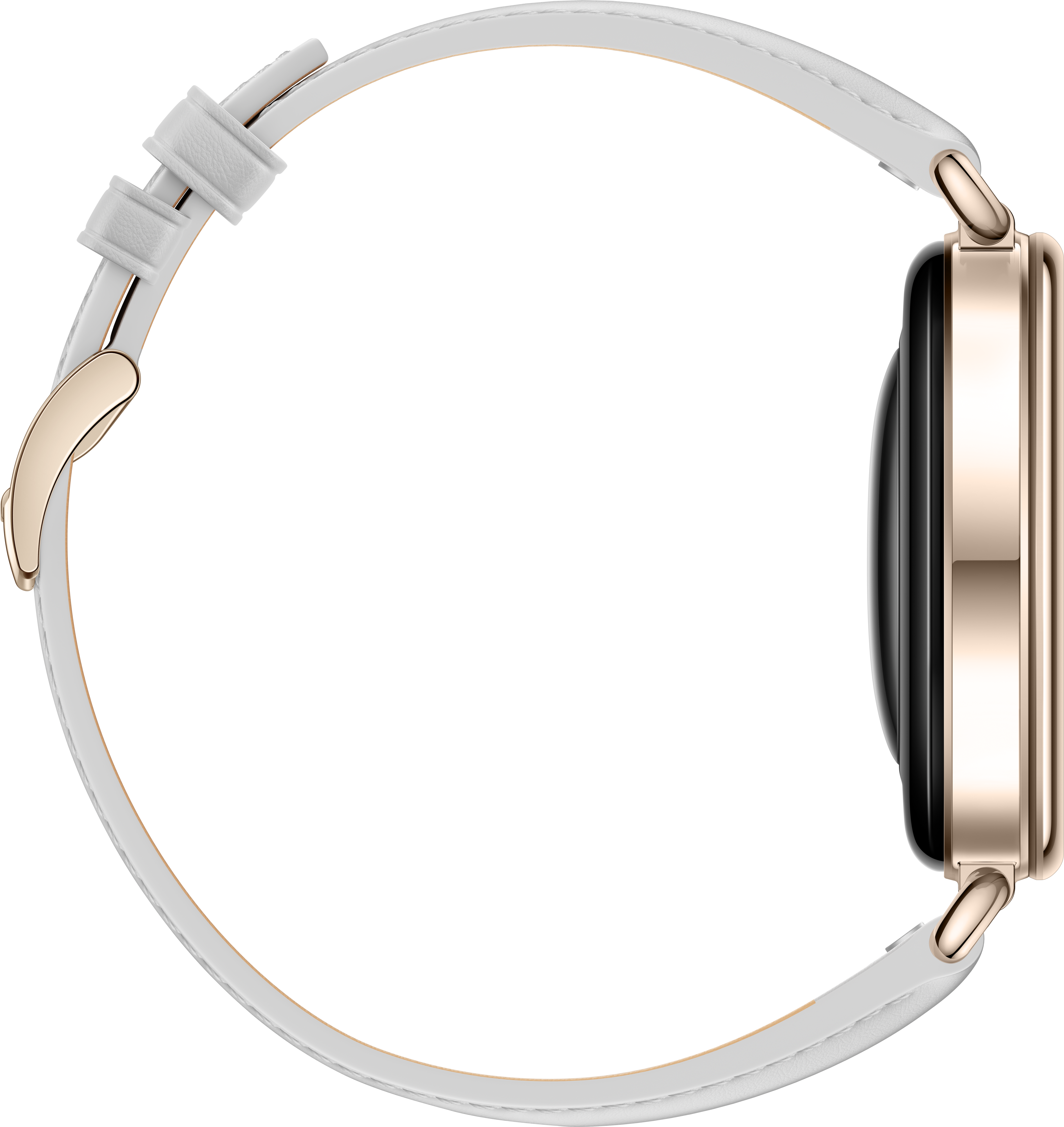 Une montre connectée en or rose avec un bracelet en cuir blanc, vue de profil sur fond noir.