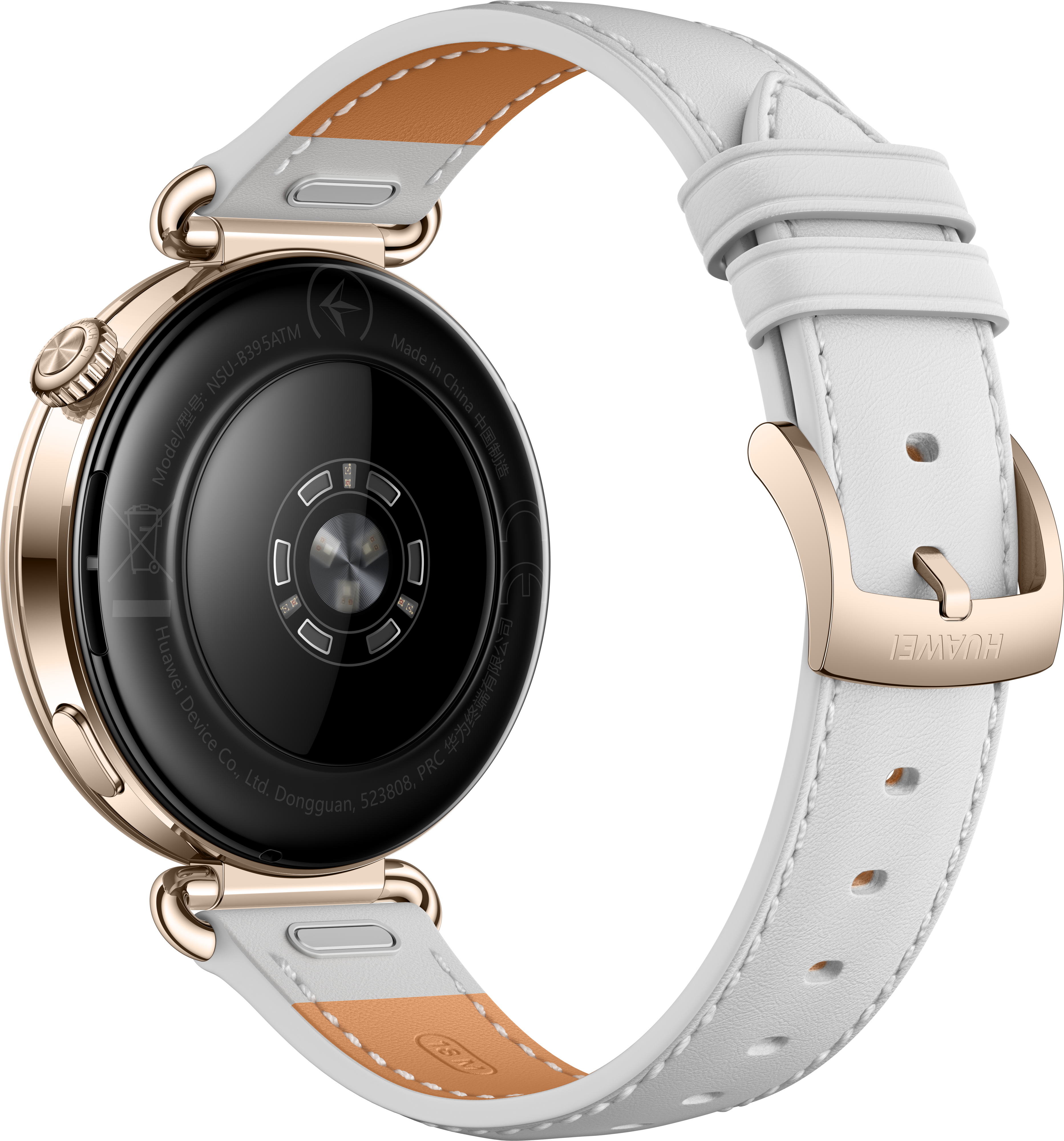 Dos d'une montre connectée dorée avec un bracelet en cuir blanc et un capteur, sur fond noir.