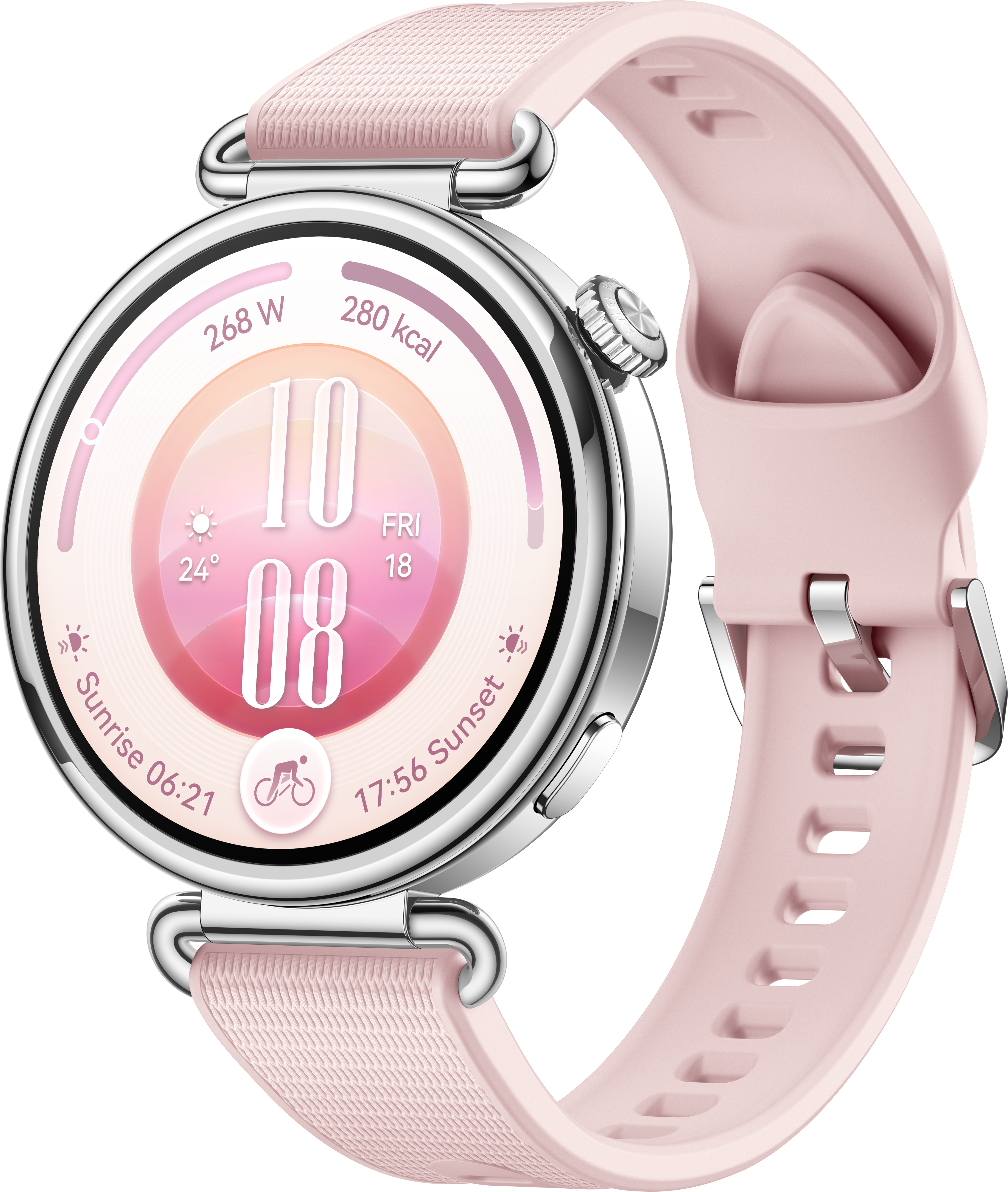 Montre connectée rose avec boîtier argenté, affichage numérique et bracelet en silicone rose sur fond noir.