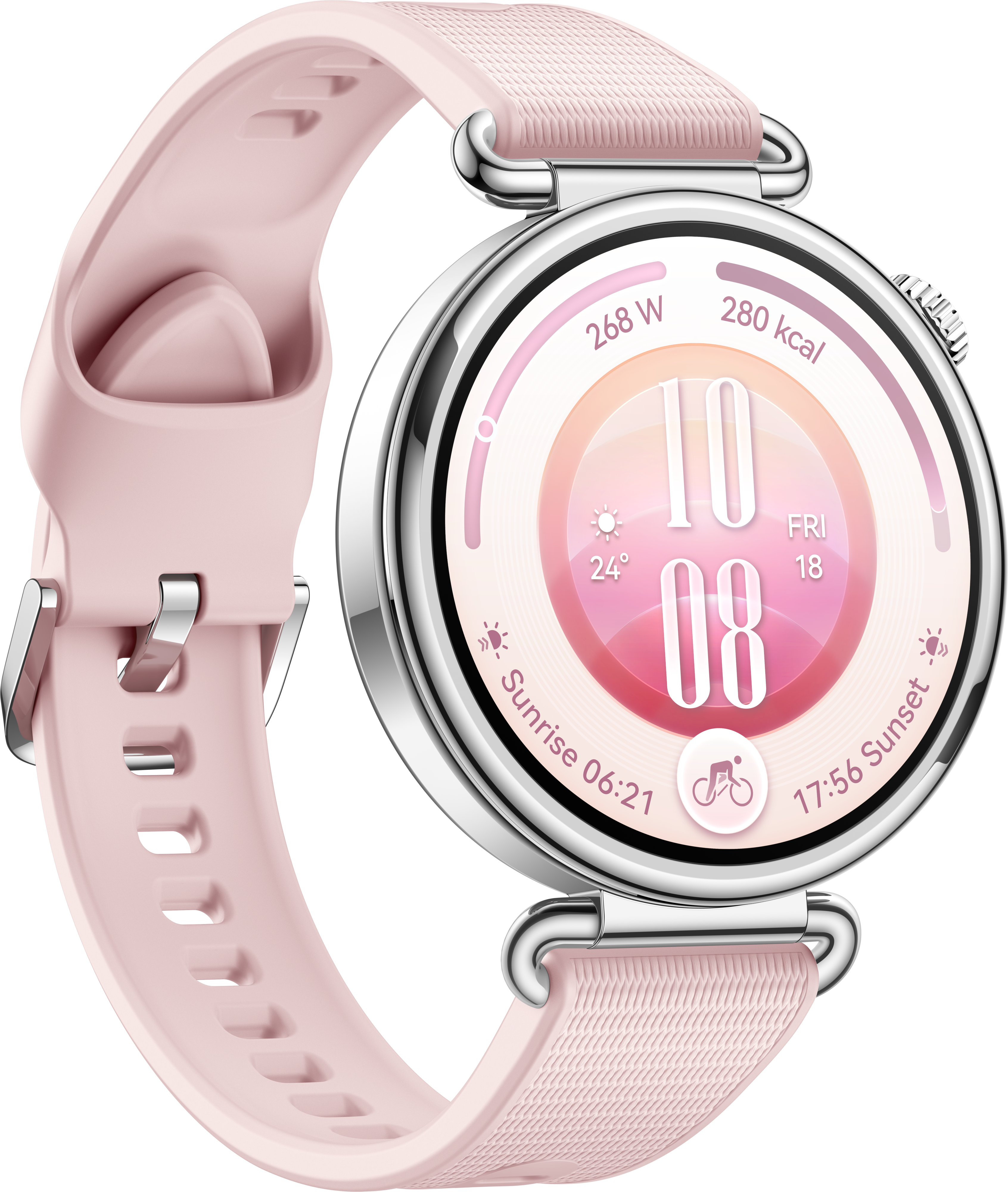 Une montre connectée rose avec boîtier argenté et bracelet en silicone rose sur fond noir.