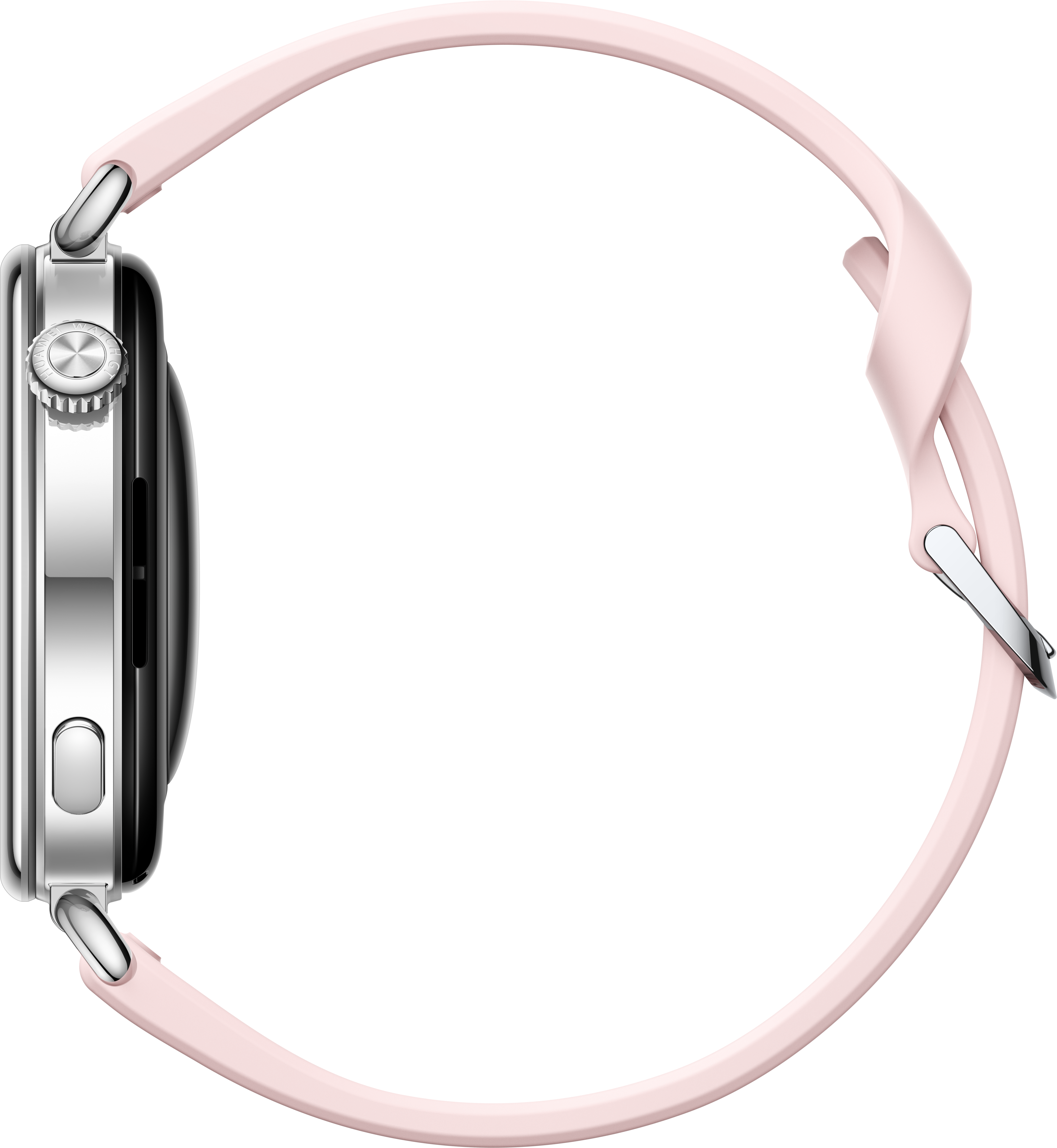Vue latérale d'une montre connectée argentée avec un bracelet rose pâle sur fond noir.