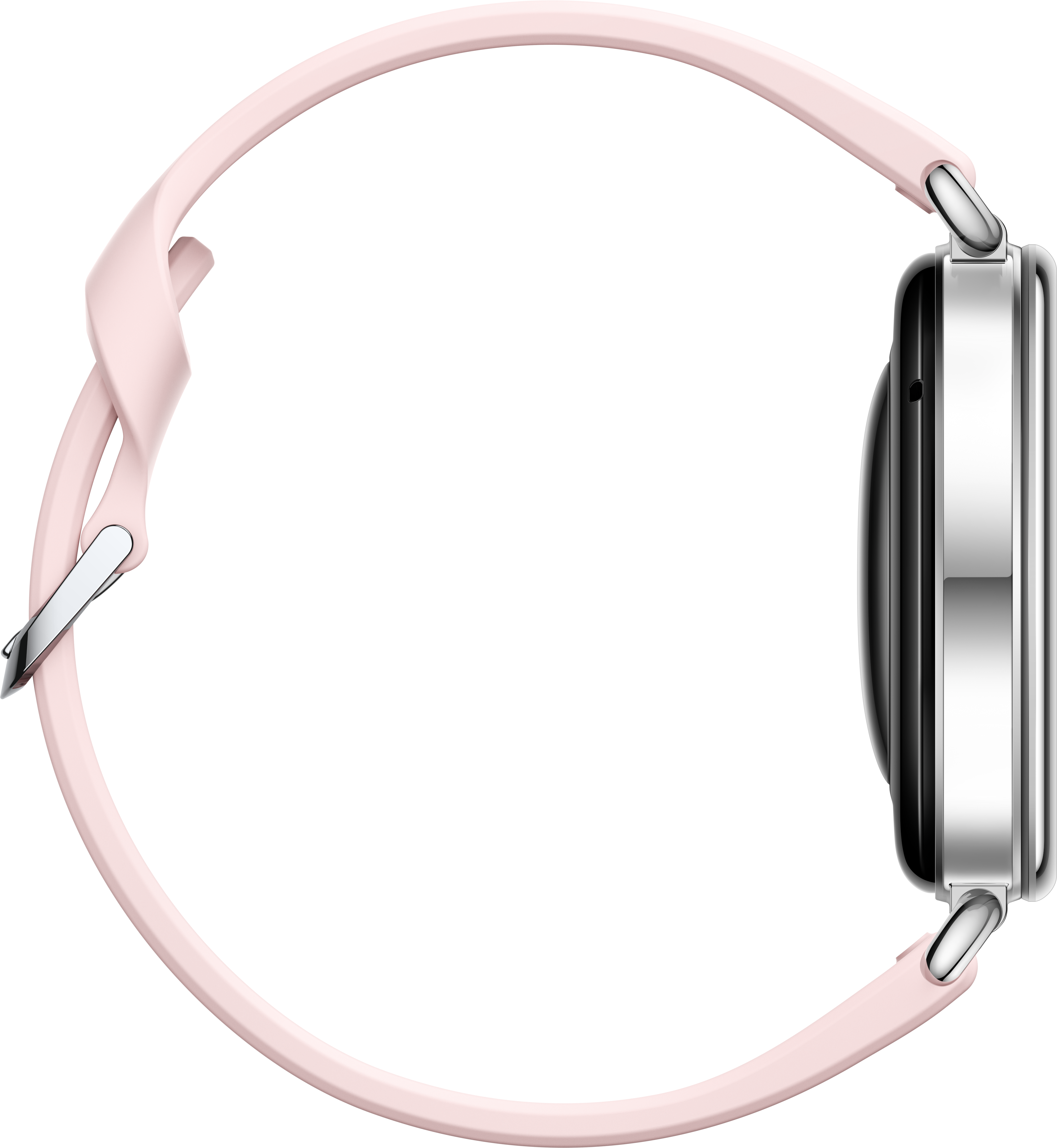 Une montre connectée élégante avec un boîtier argenté et un bracelet en silicone rose sur fond noir.