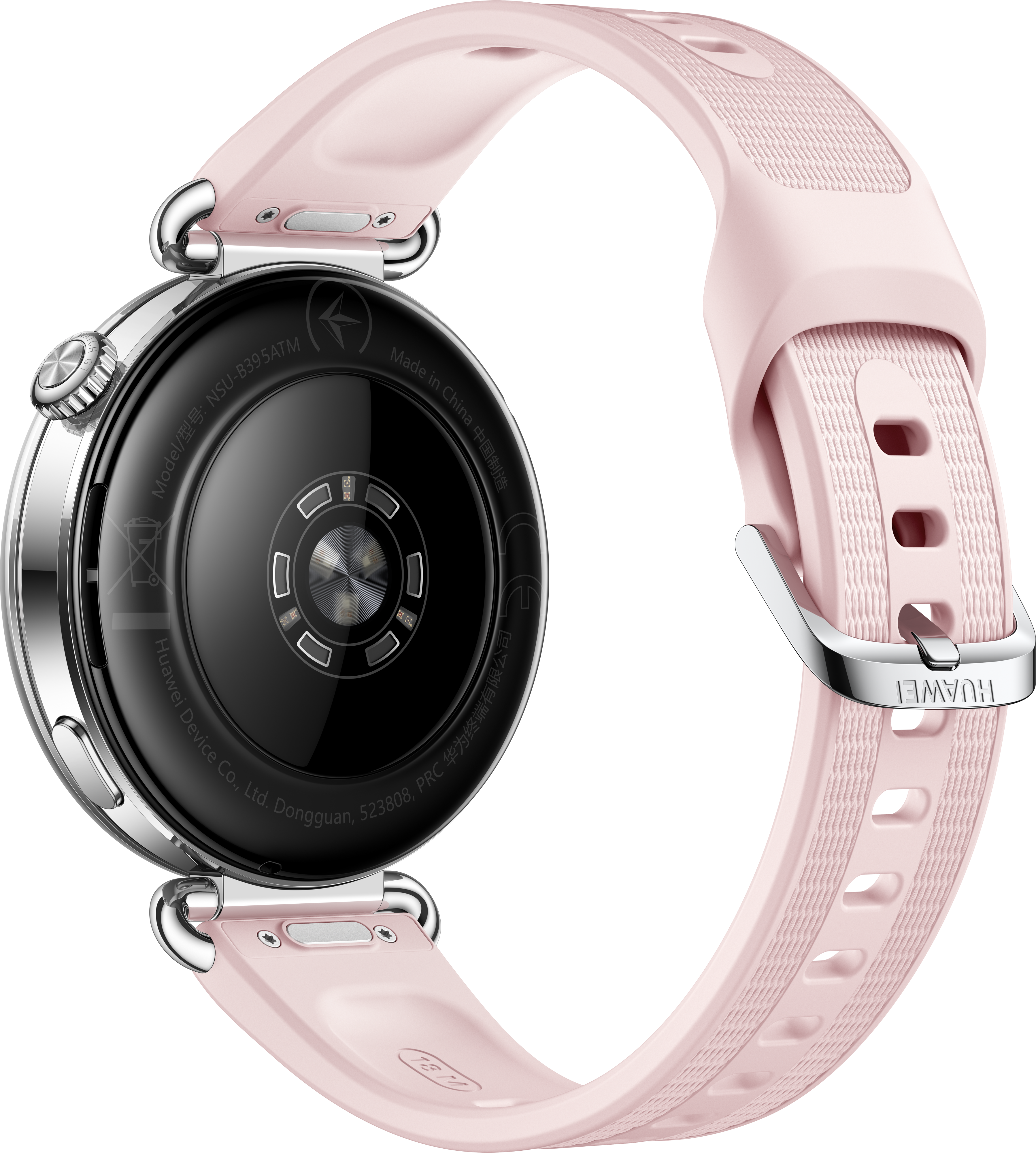 Arrière d'une montre connectée ronde avec un capteur noir et un bracelet en silicone rose clair sur fond noir.