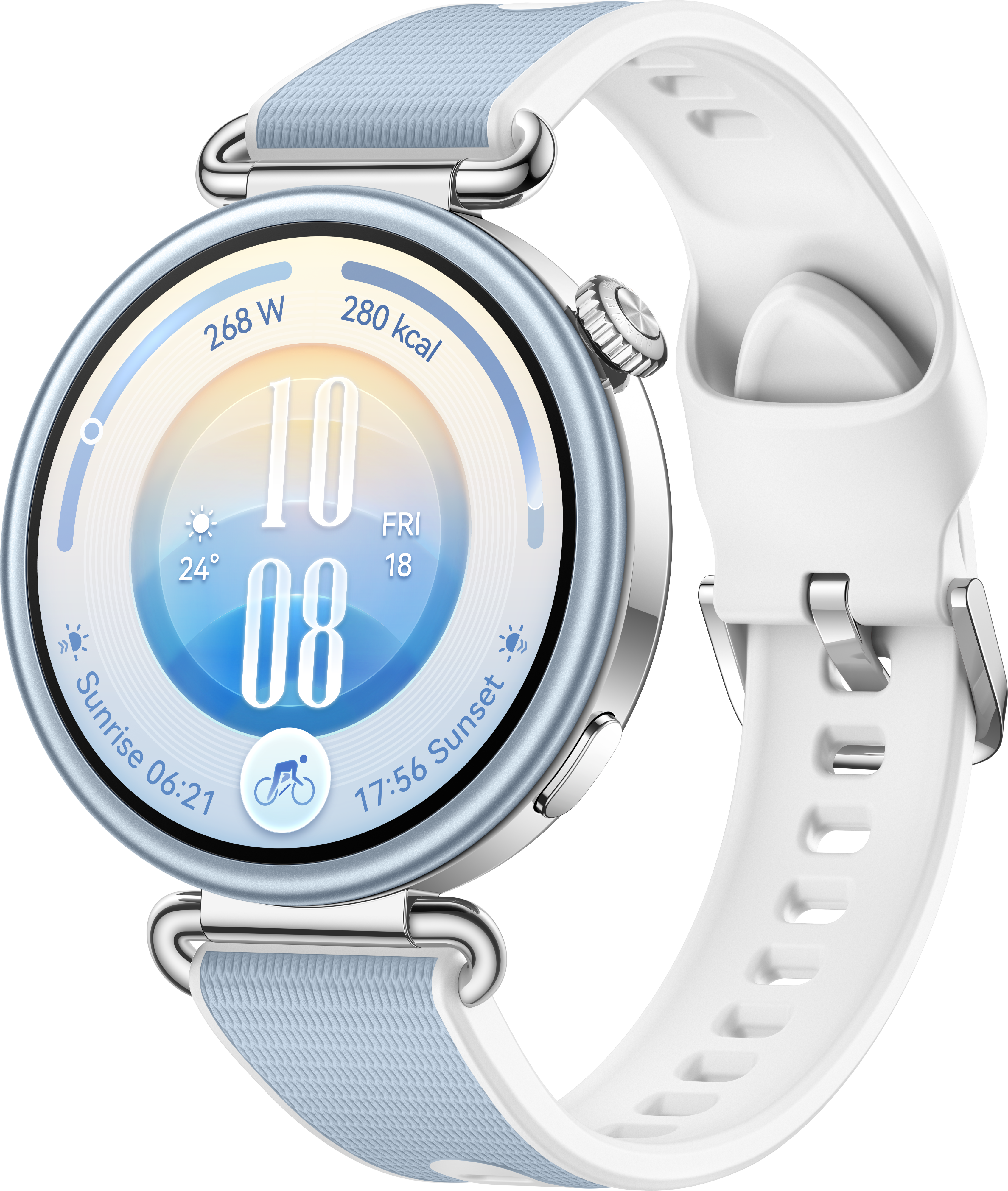 Une montre connectée au boîtier argenté, bracelet blanc et cadran bleu affichant l'heure et la météo.