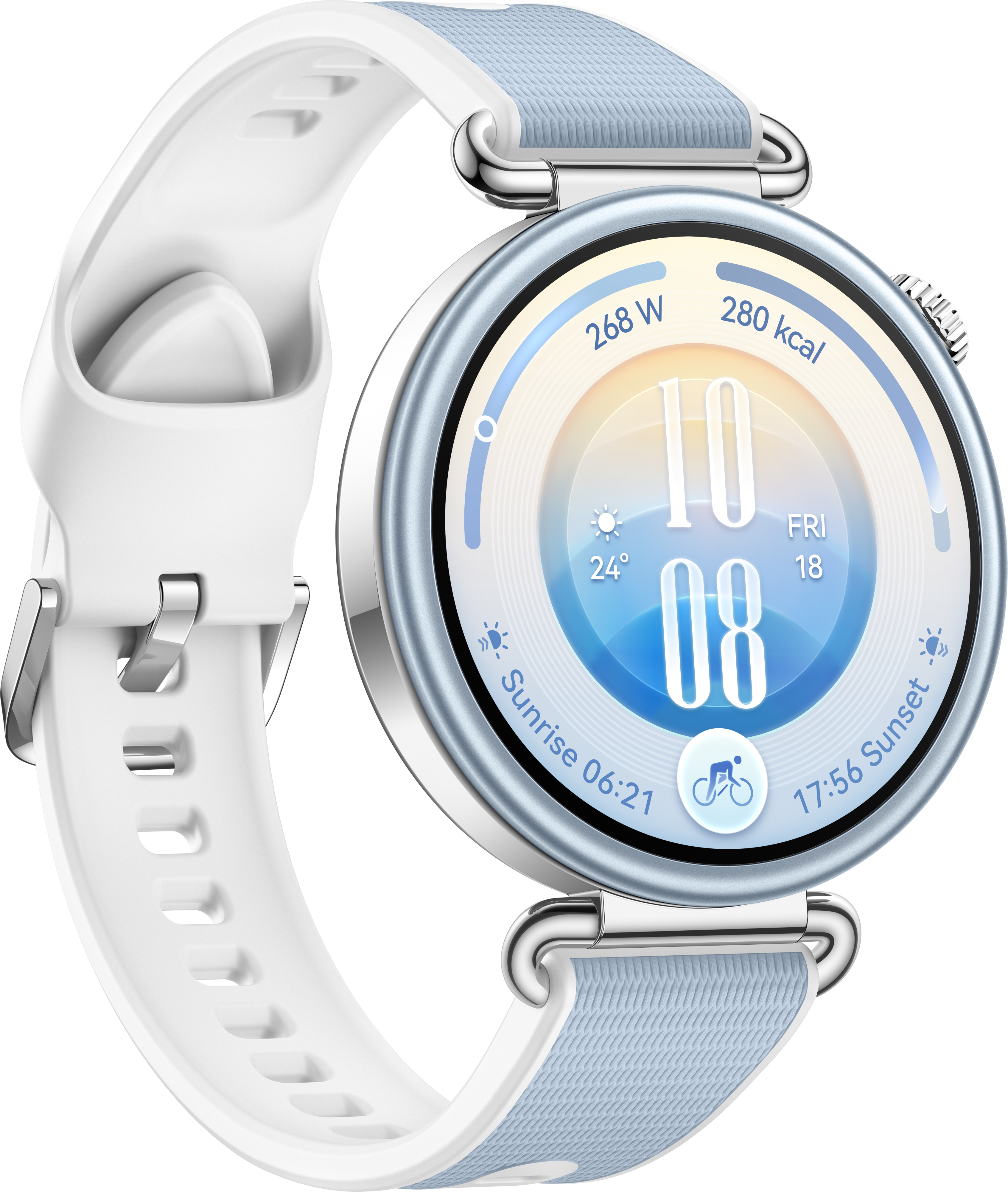 Montre connectée avec boîtier argenté rond, bracelet blanc et cadran numérique affichant le lever du soleil et les données.