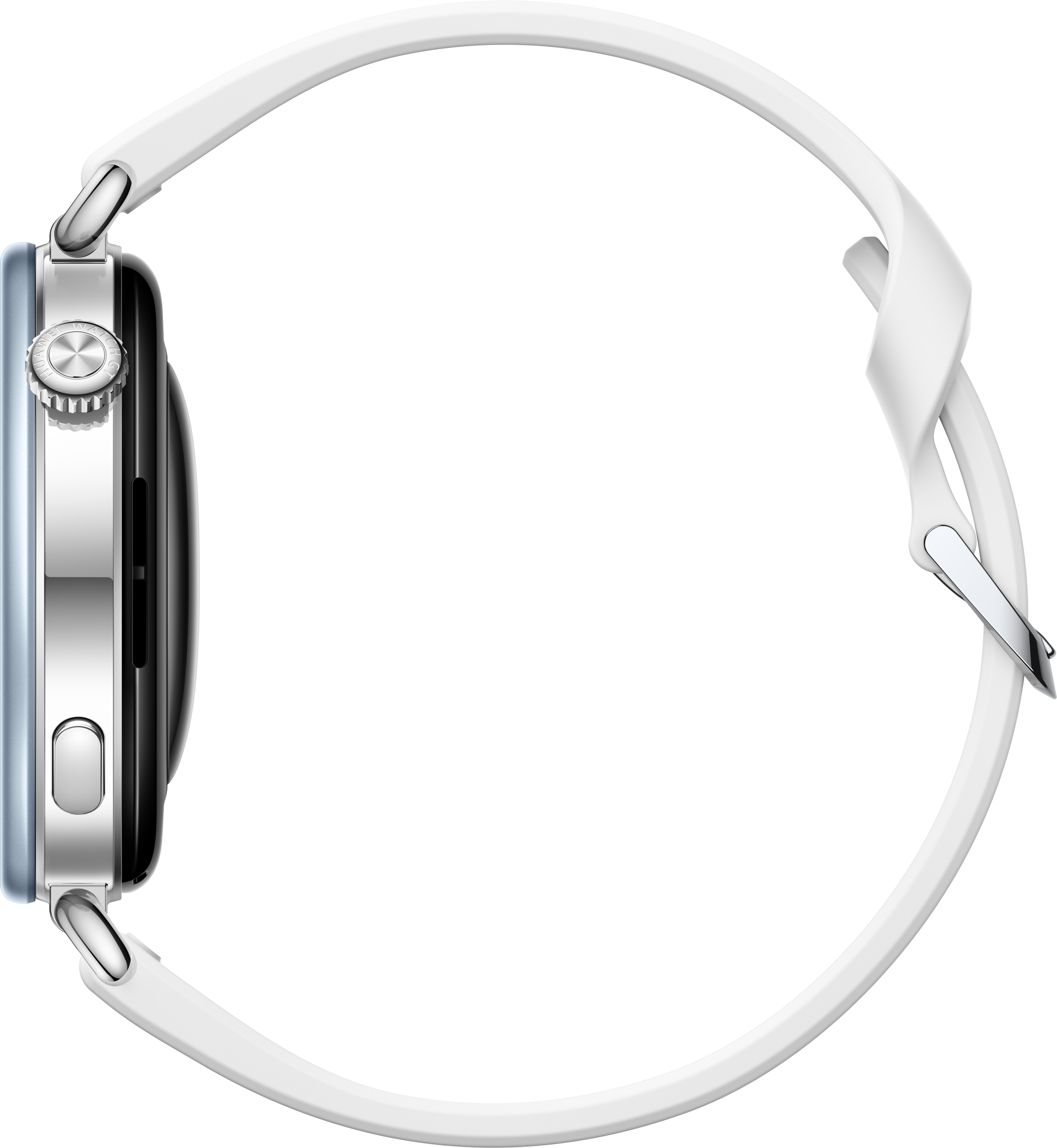 Une montre connectée avec un boîtier argenté et un bracelet en silicone blanc sur fond noir.