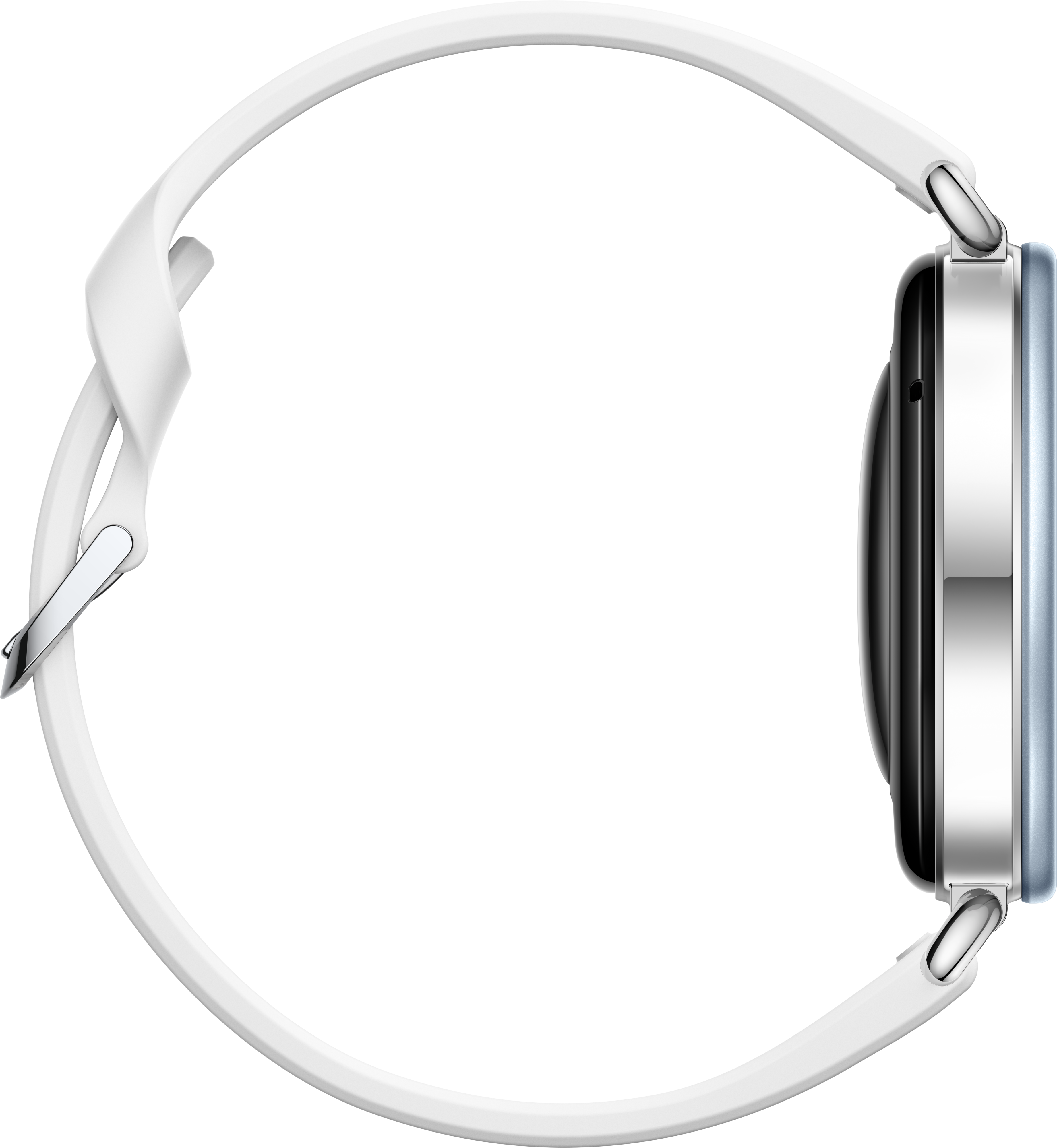 Vue latérale d'une montre connectée avec un boîtier argenté et un bracelet blanc sur fond noir.