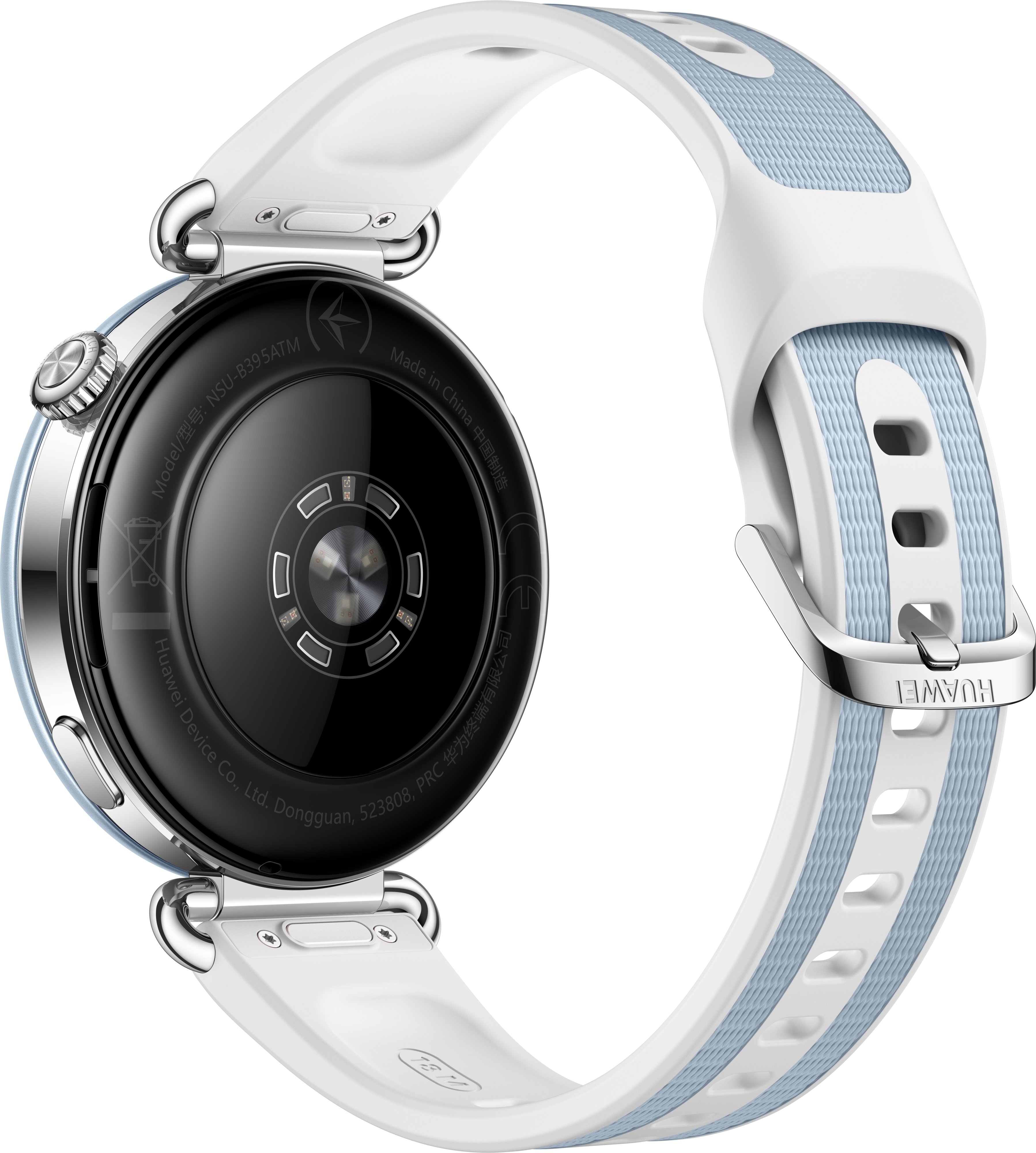 Arrière d'une montre intelligente argentée avec capteur noir et bracelet blanc et bleu sur fond noir.