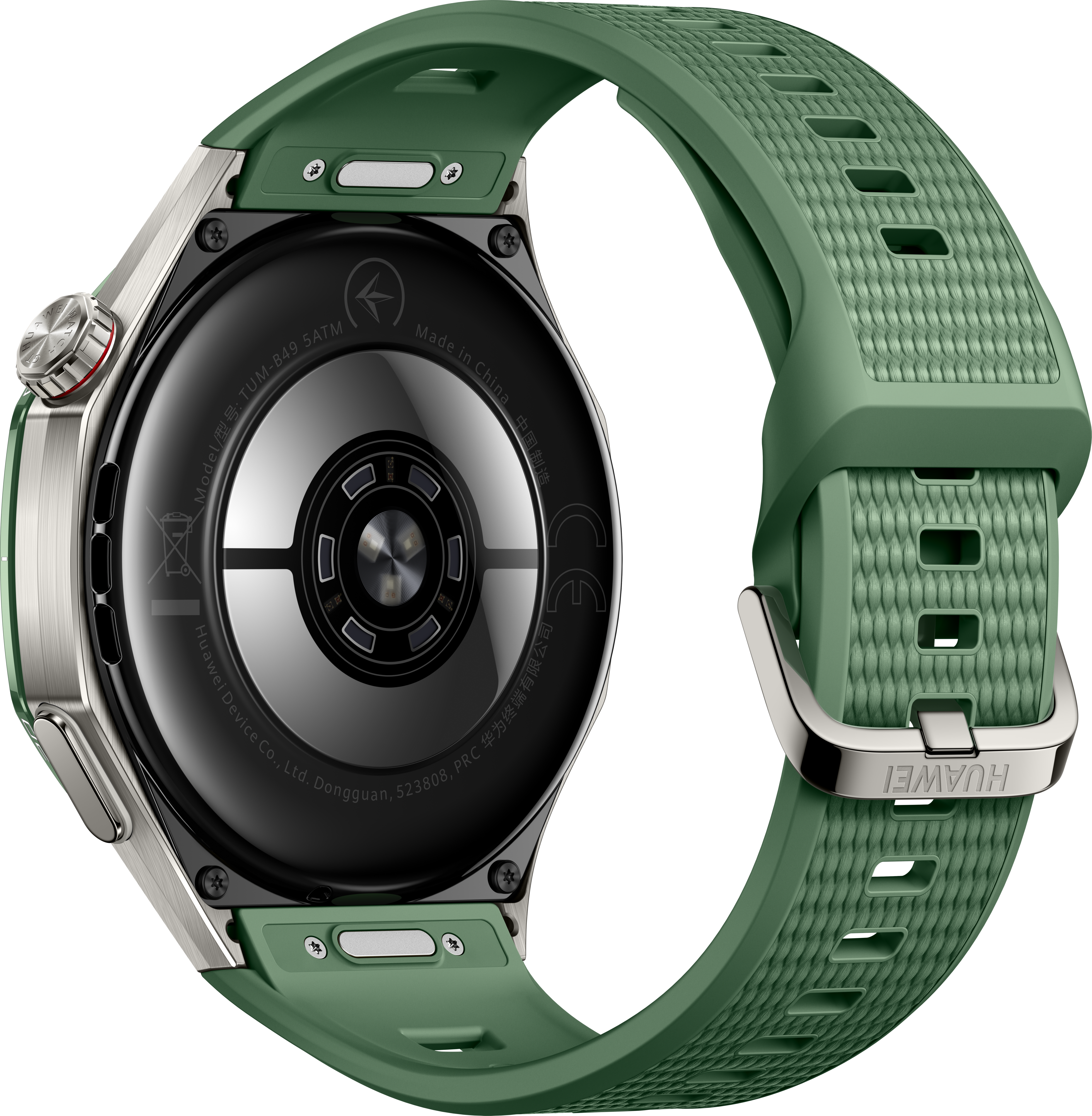Vue arrière d'une montre connectée avec bracelet en silicone vert et boîtier en métal argenté sur fond blanc.