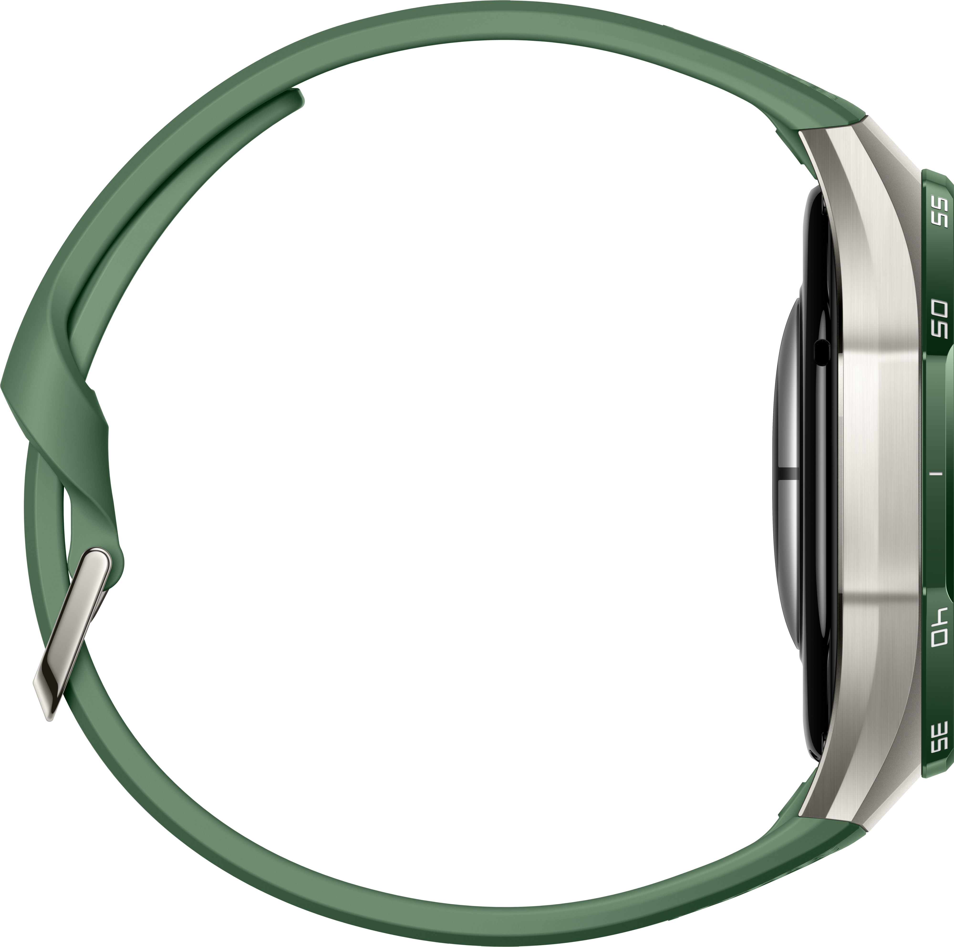 Une montre connectée verte avec un boîtier argenté et un bracelet en silicone vert sur fond noir.
