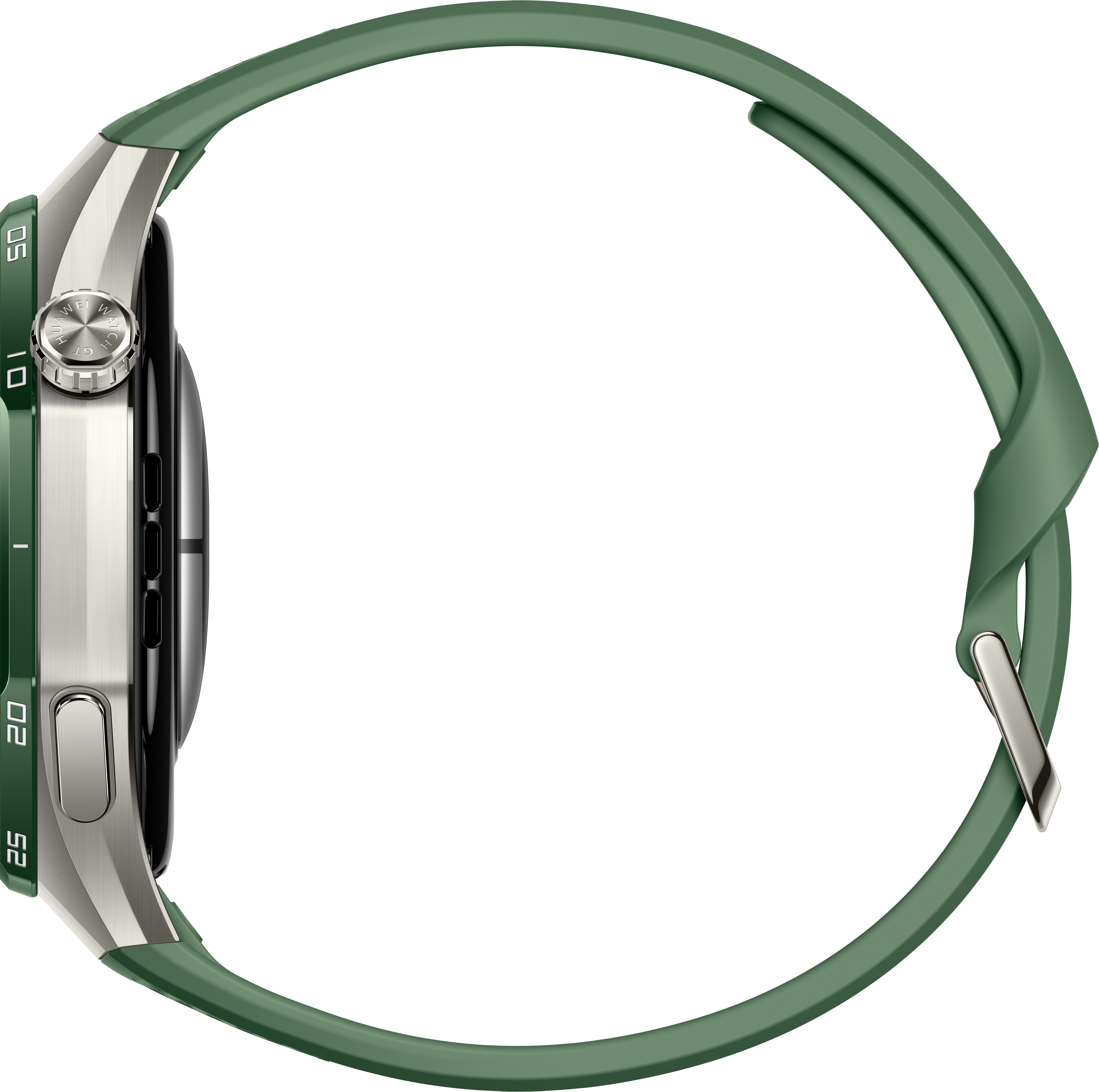 Vue latérale d'une montre connectée avec boîtier en métal argenté, lunette verte et bracelet en caoutchouc vert.