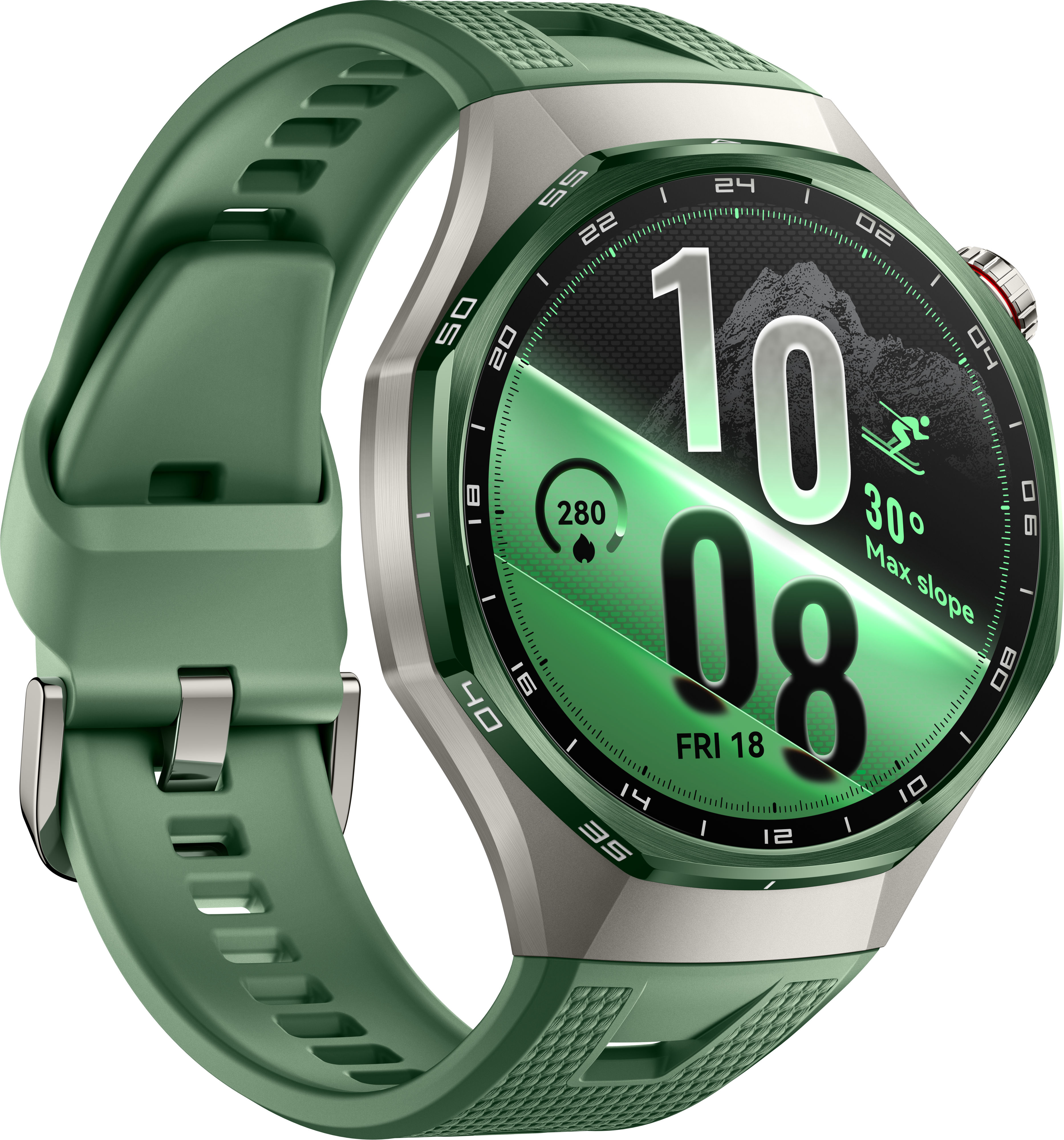 Montre connectée verte avec boîtier argenté, bracelet en caoutchouc et cadran numérique avec montagne.