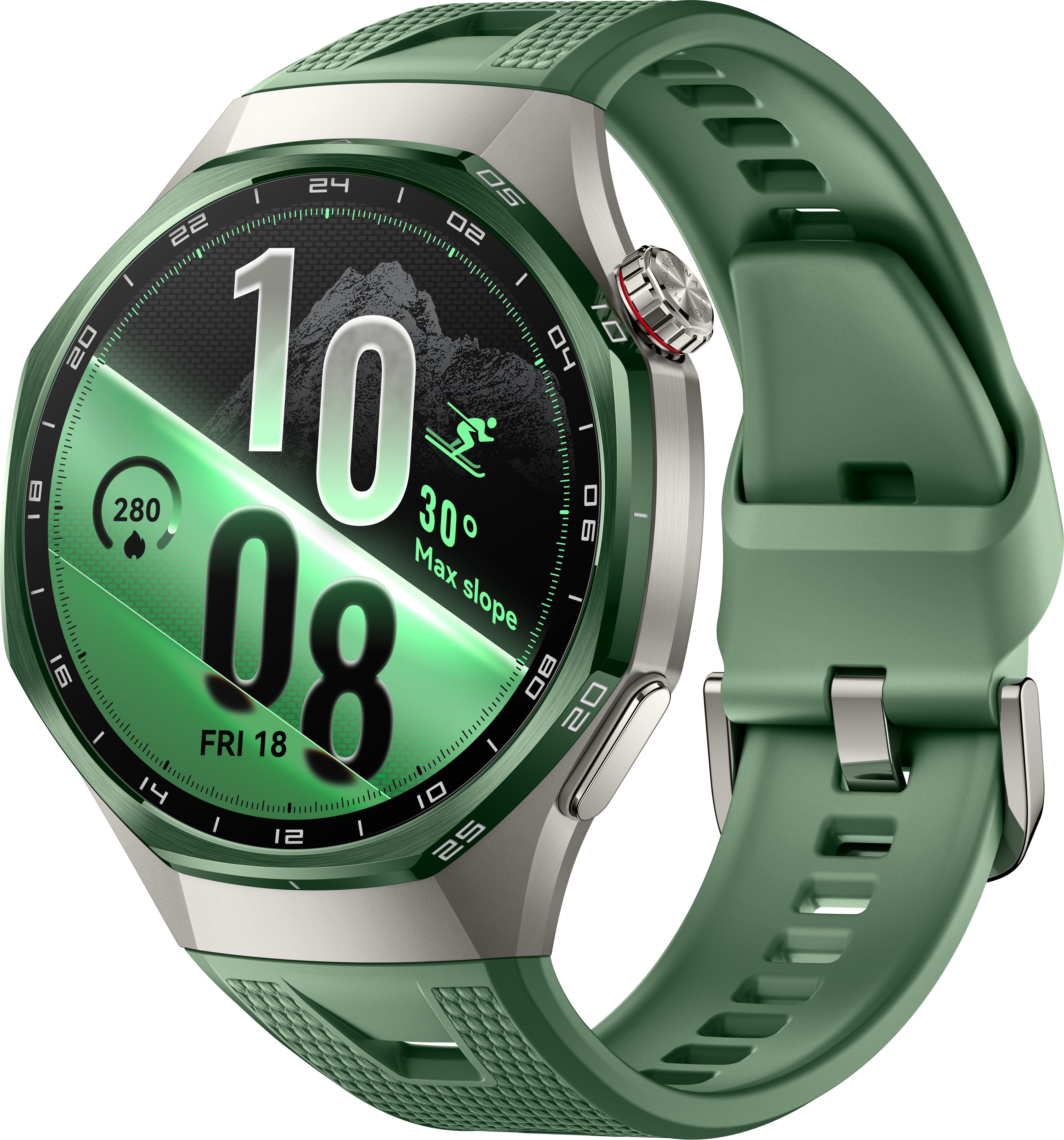 Une montre connectée verte avec un boîtier en métal argenté et un bracelet en silicone vert affiche 10h08 et une montagne.