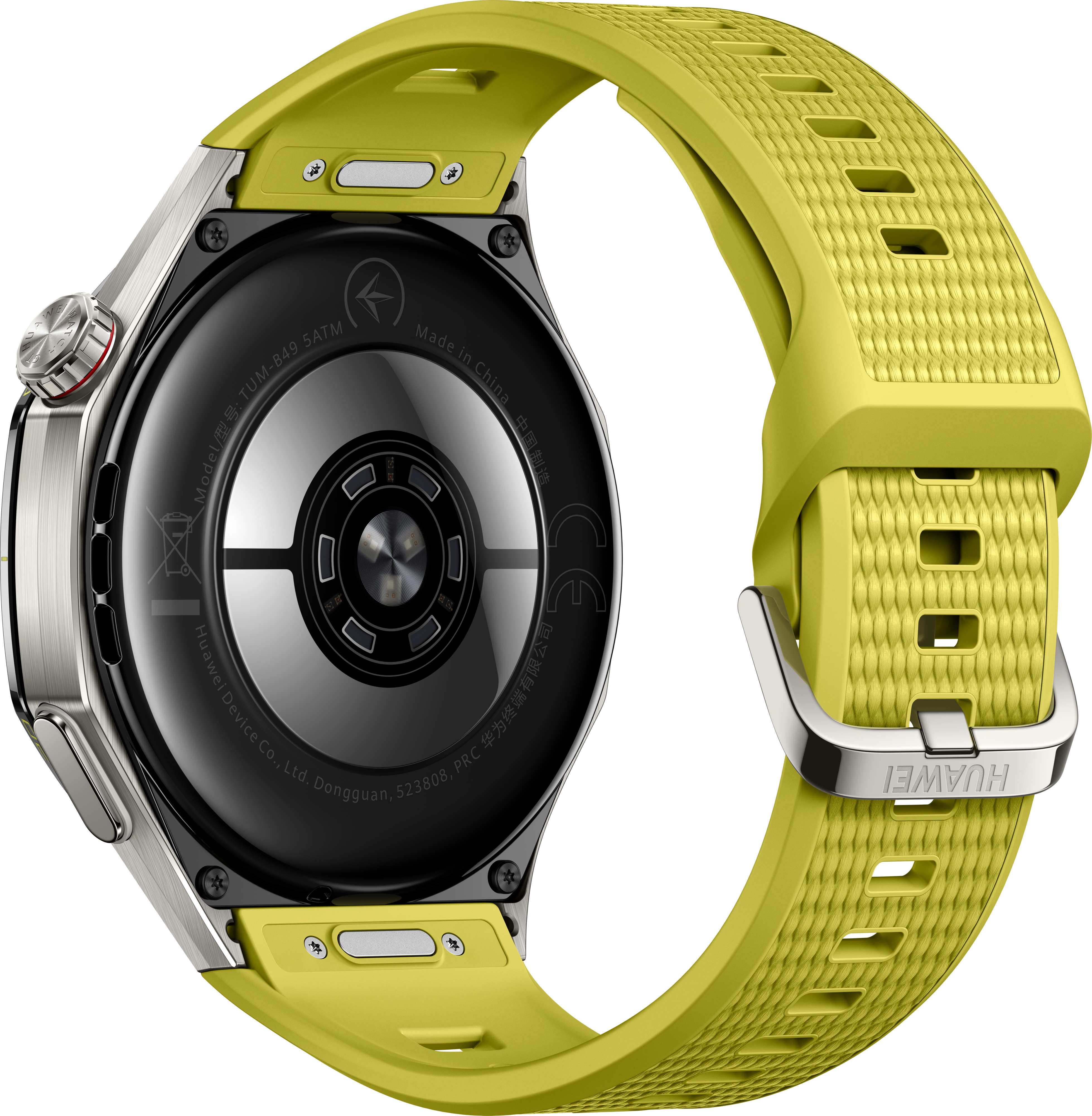 Vue arrière d'une montre connectée avec capteurs et bracelet jaune texturé.