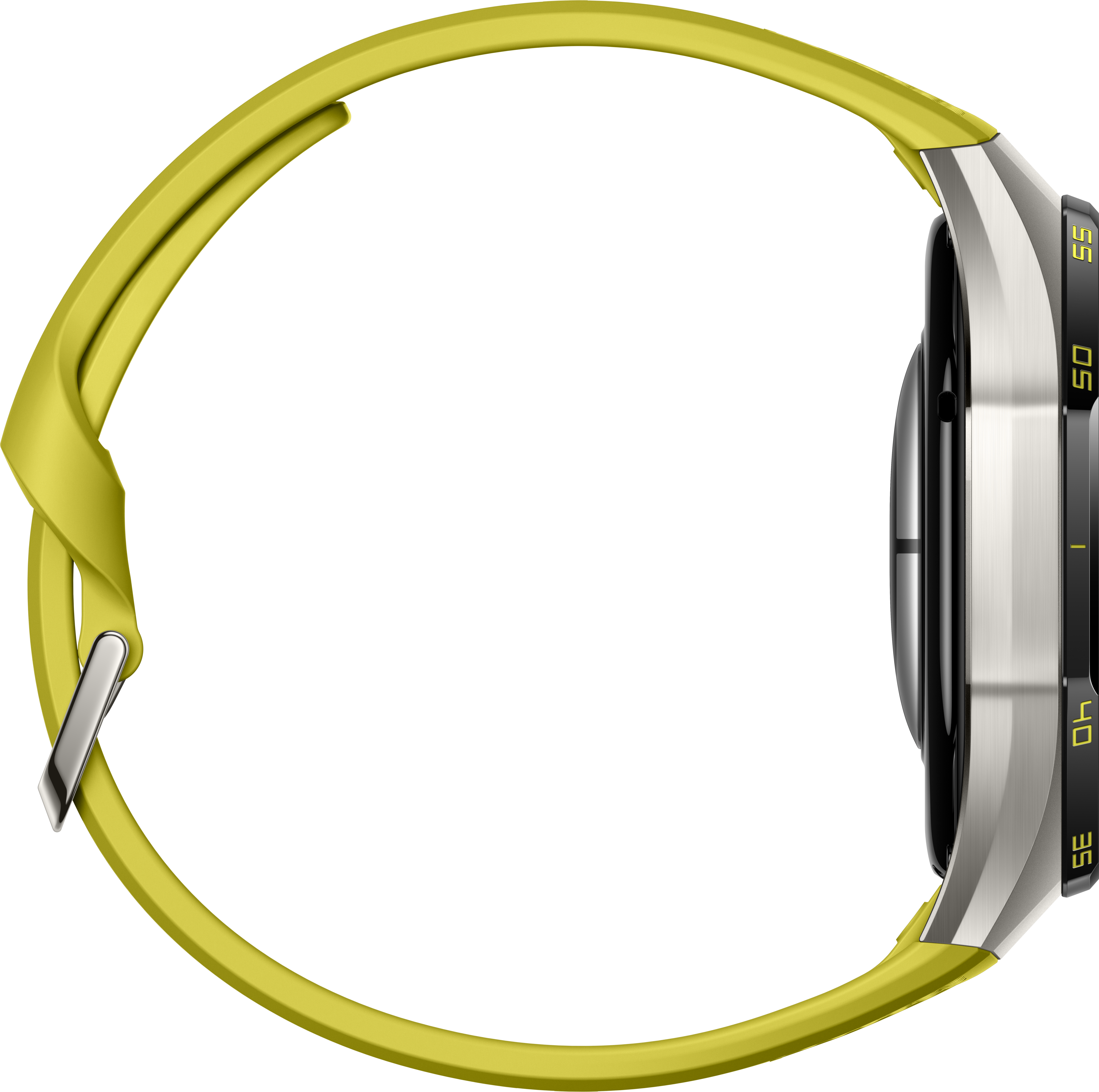 Une montre connectée avec un bracelet jaune et un boîtier argenté sur fond noir.