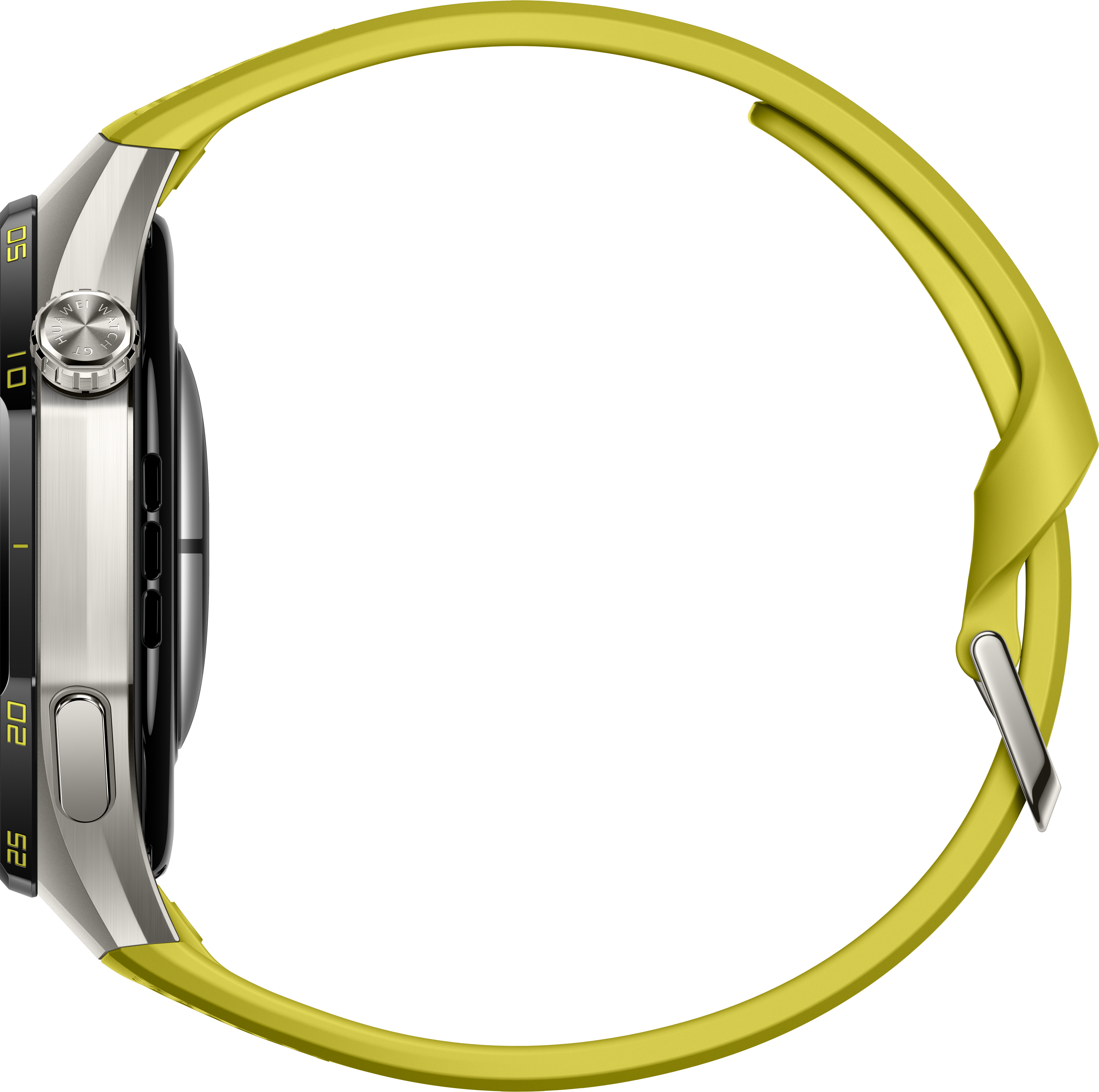 Vue latérale d'une montre connectée avec boîtier argenté, lunette noire et bracelet en silicone jaune vif sur fond noir.