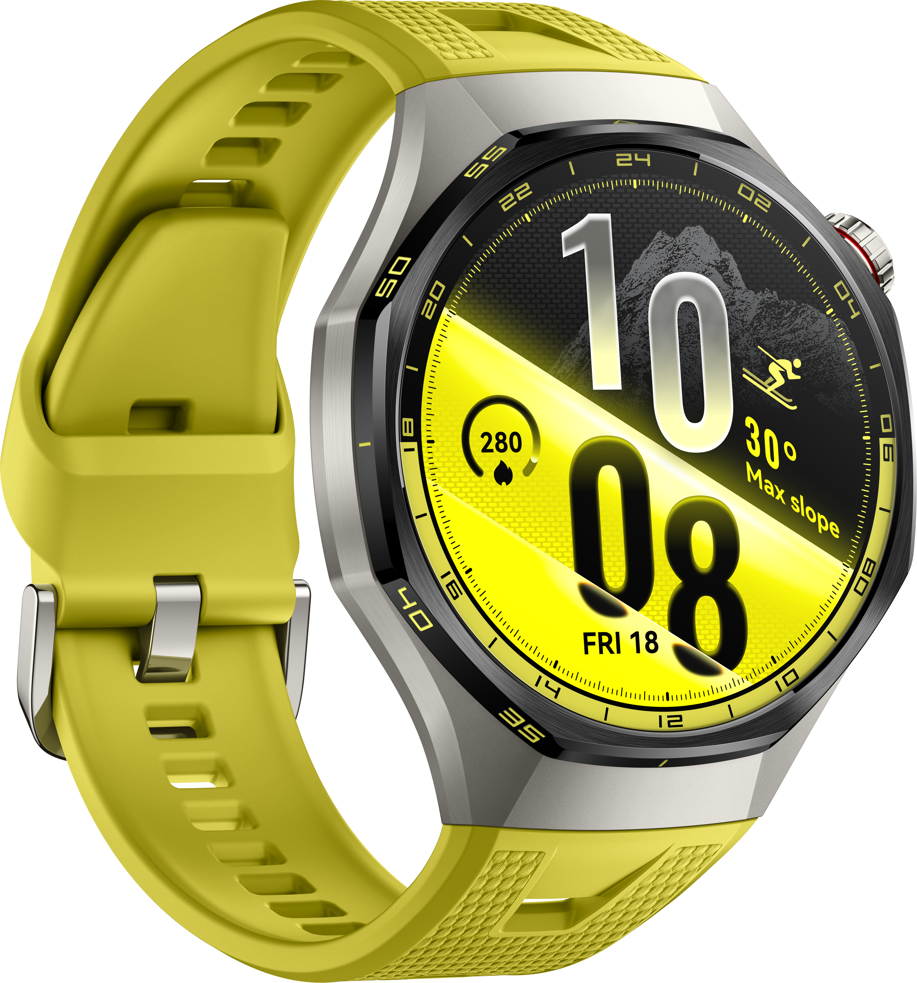 Une montre intelligente jaune avec un boîtier en métal et un cadran rond affichant l'heure 10:08.