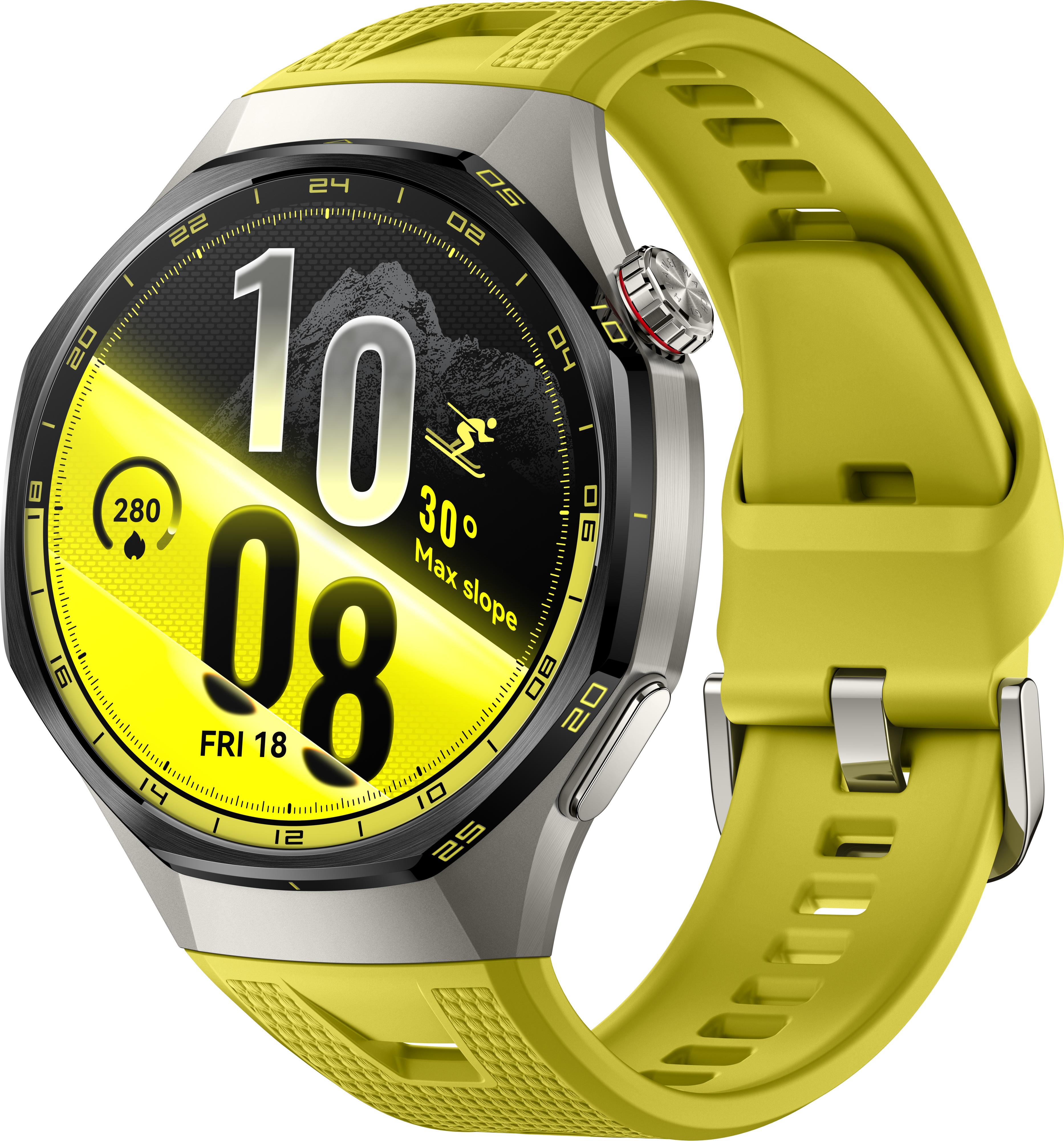 Une montre connectée au boîtier argenté, bracelet en silicone jaune et écran affichant l'heure et un skieur.