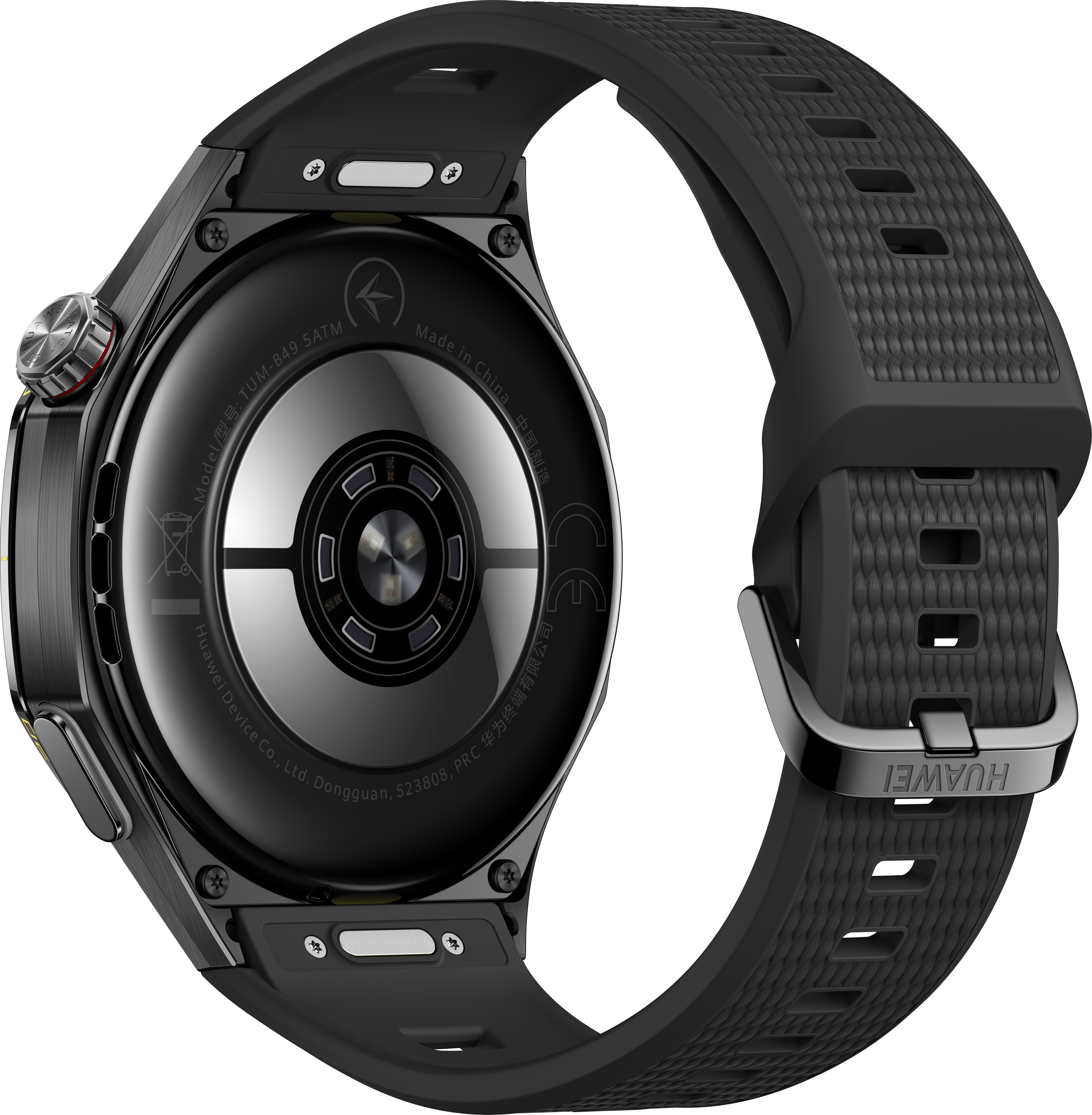 Vue arrière d'une montre connectée noire, montrant les capteurs, la marque et un bracelet texturé sur fond noir.