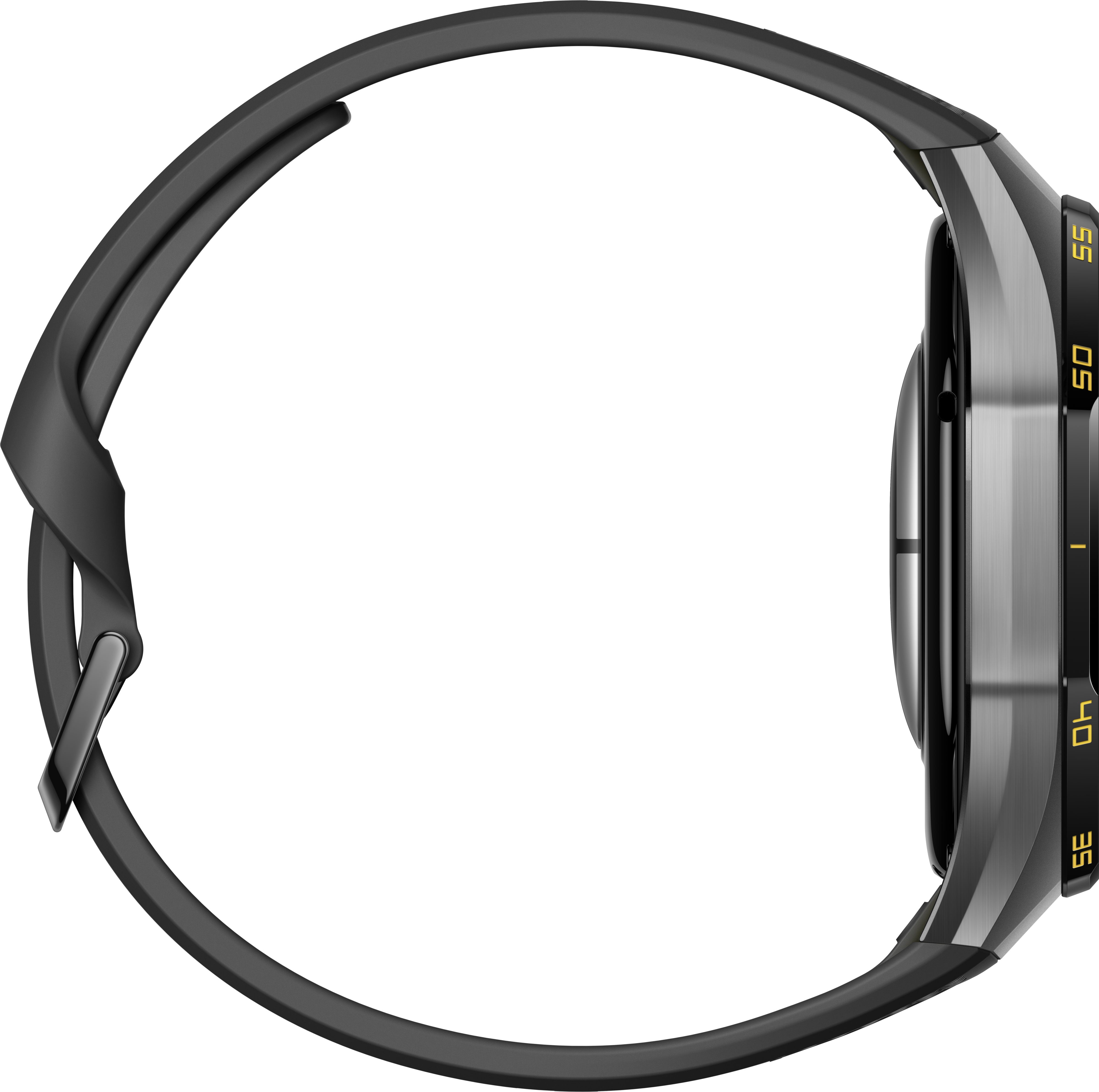 Vue latérale d'une montre connectée noire avec boîtier métallique et chiffres jaunes sur la lunette sur fond noir.