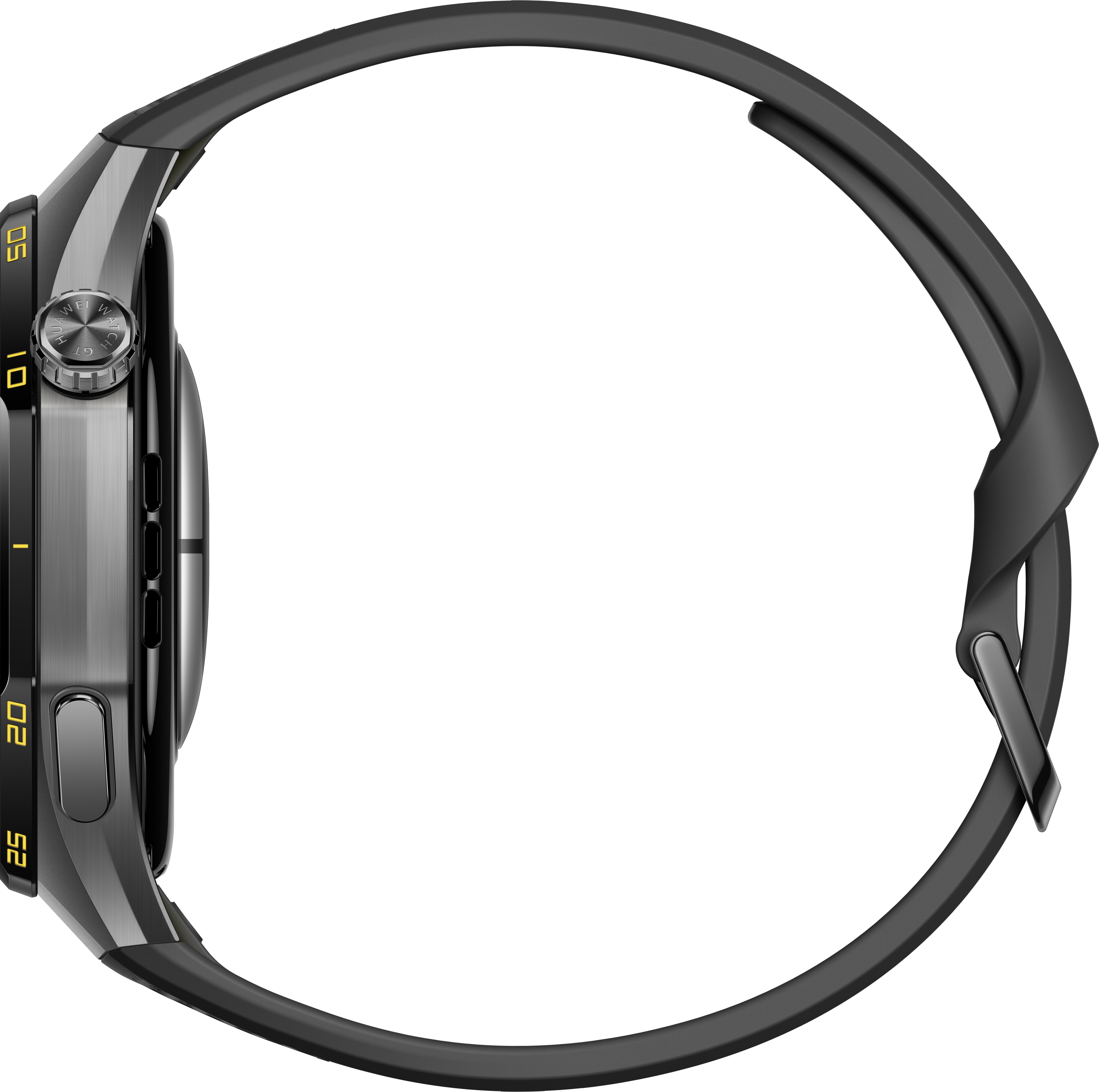 Vue latérale d'une montre connectée noire avec un boîtier en métal et un bracelet en caoutchouc sur fond noir.
