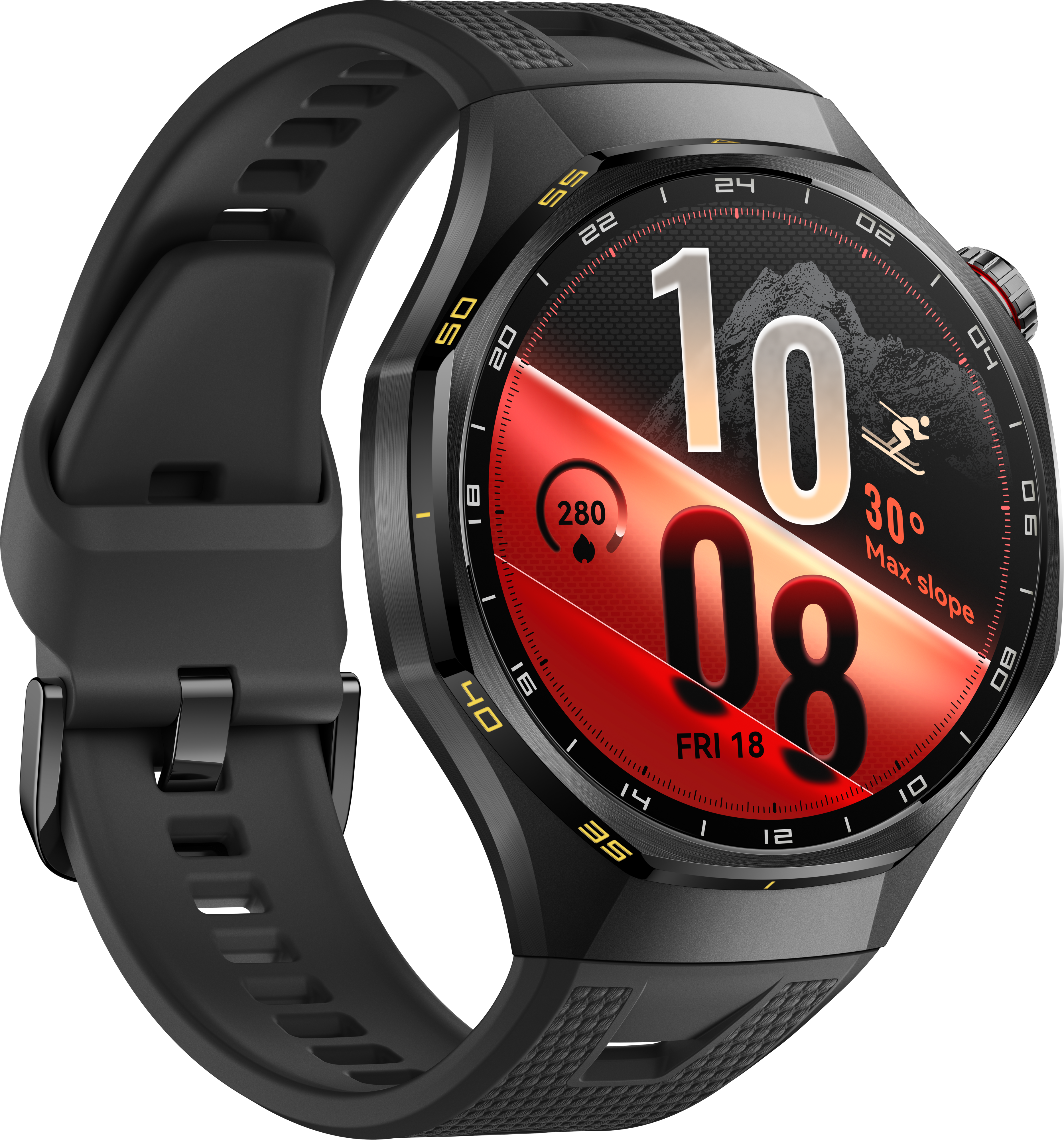 Une montre connectée noire avec écran rond, cadran dégradé rouge et bracelet en caoutchouc sur fond sombre.