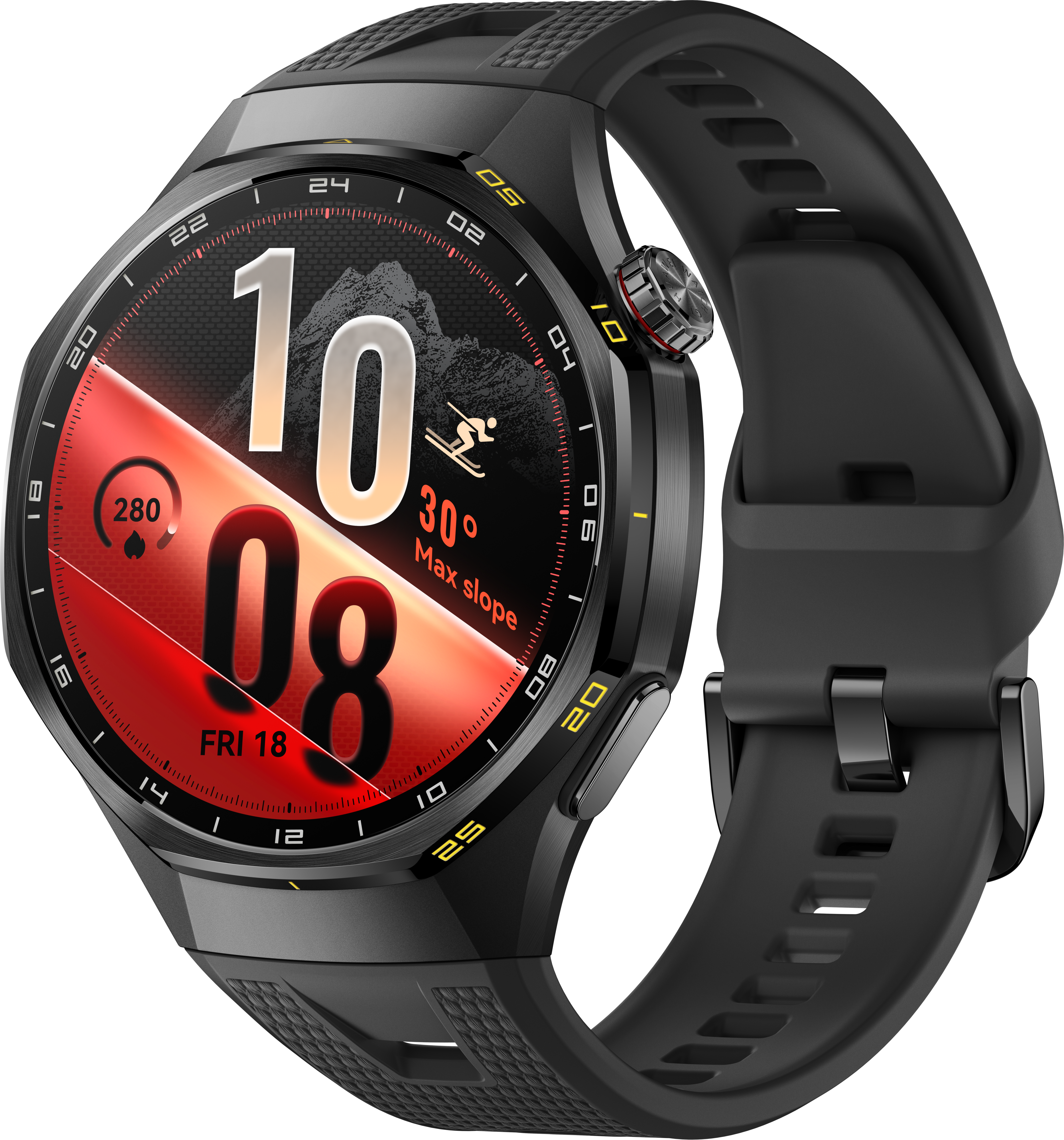 Montre connectée sportive noire avec écran numérique et touches rouges.
