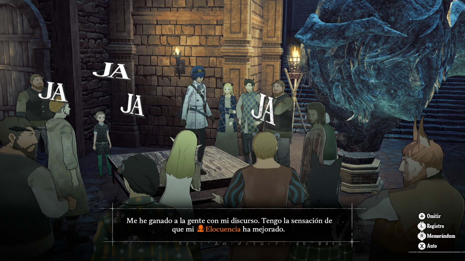 Personajes de pie alrededor de una plataforma en una sala de piedra, con subtítulos en español.