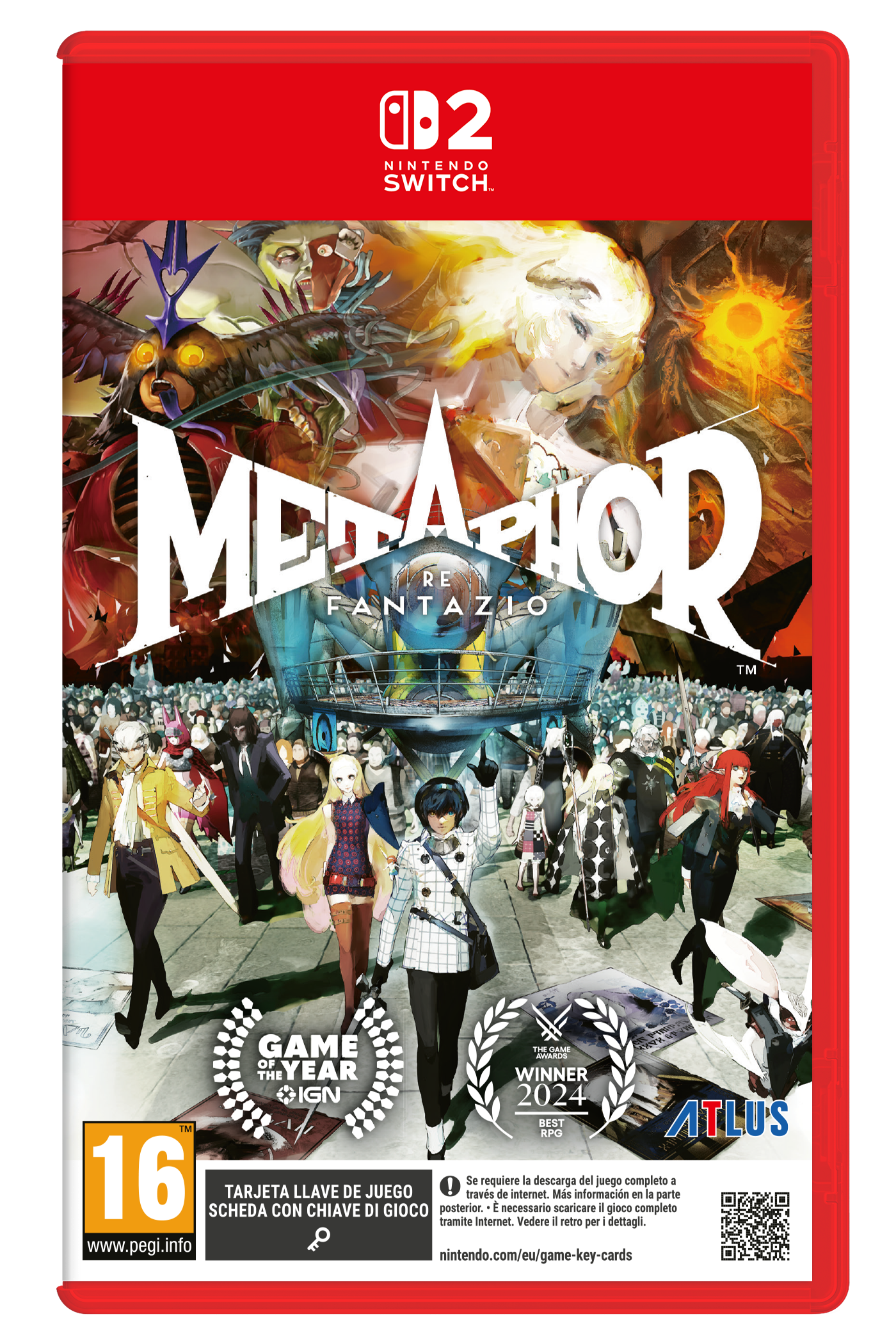 Carátula de Metaphor ReFantazio para Nintendo Switch 2 con personajes, multitud, premios y clasificación PEGI 16.