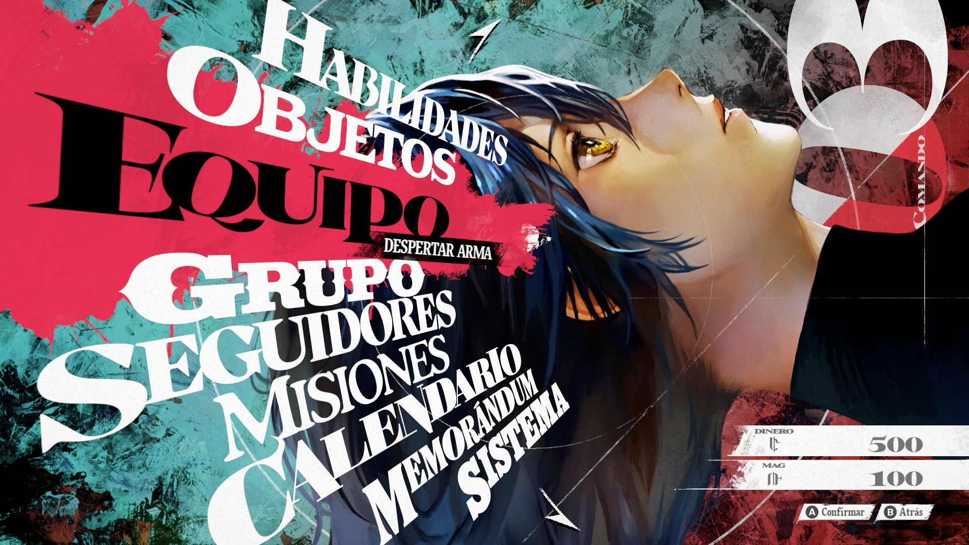 Menú de juego con personaje de anime de pelo azul, texto grande y colores vivos.