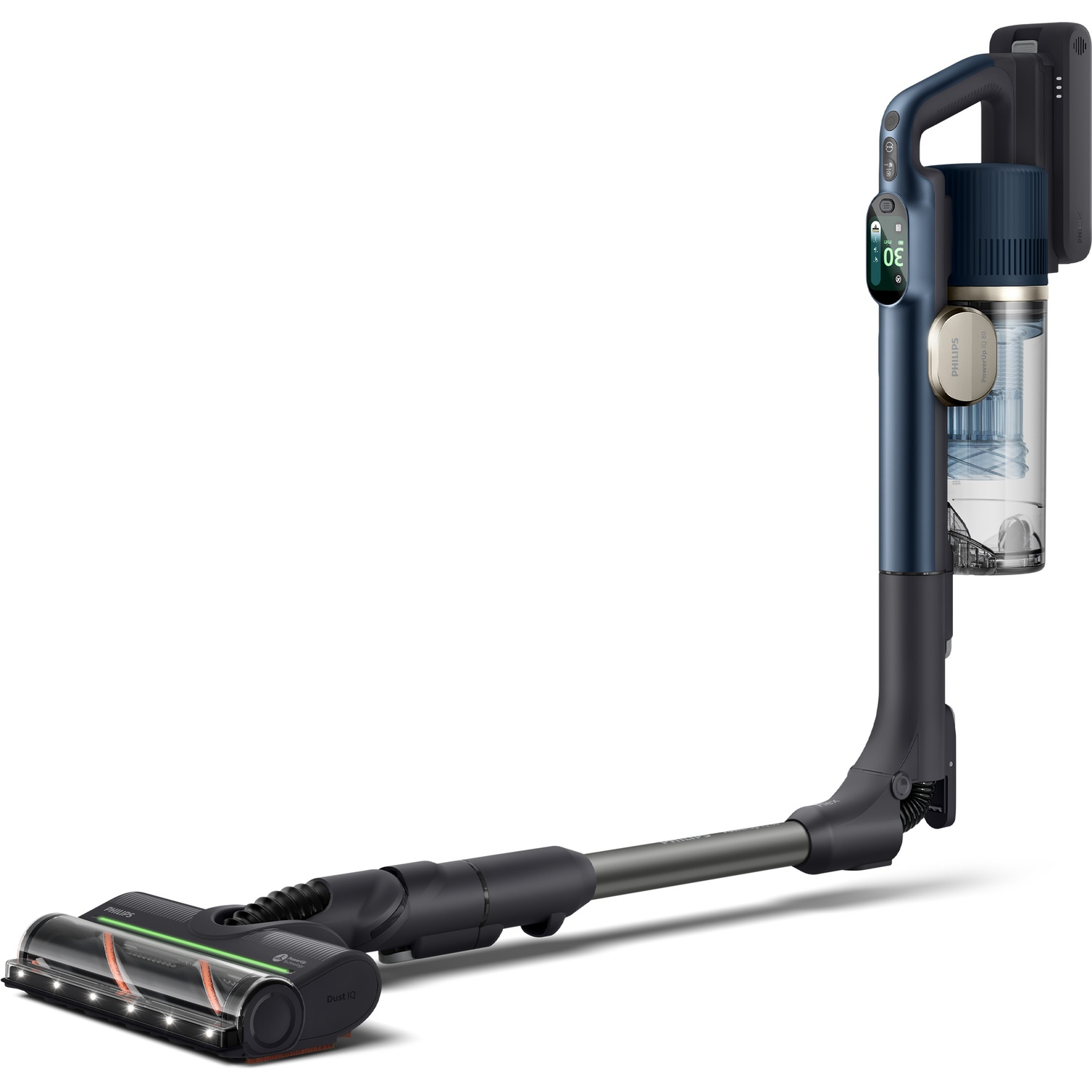 Blue and grey cordless vacuum cleaner with a flexible tube and illuminated brush on a white background.