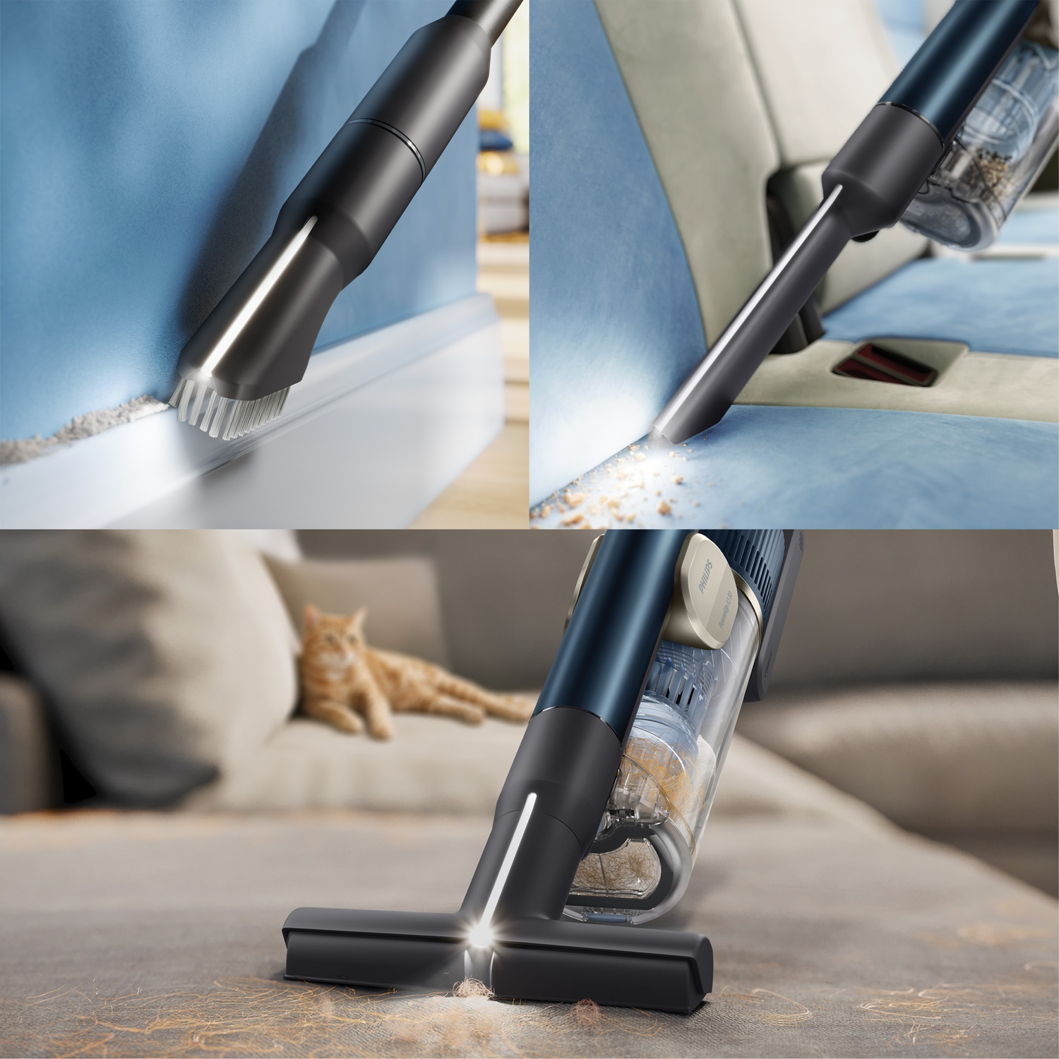 A cordless vacuum cleaner cleans corners, car seats, and removes pet hair from a sofa with integrated lighting.