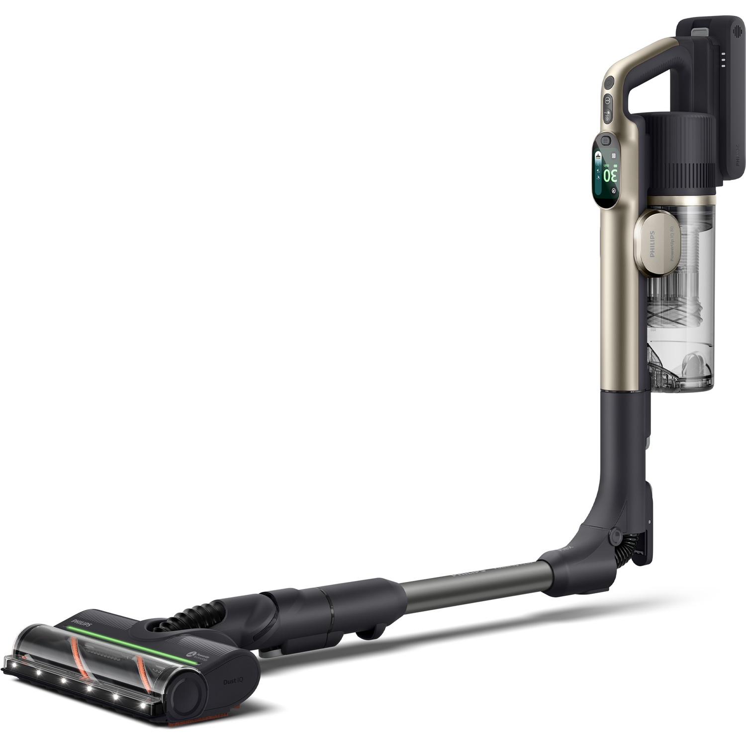 Gold Philips cordless vacuum cleaner with angled tube and lighted floor nozzle against a white background.